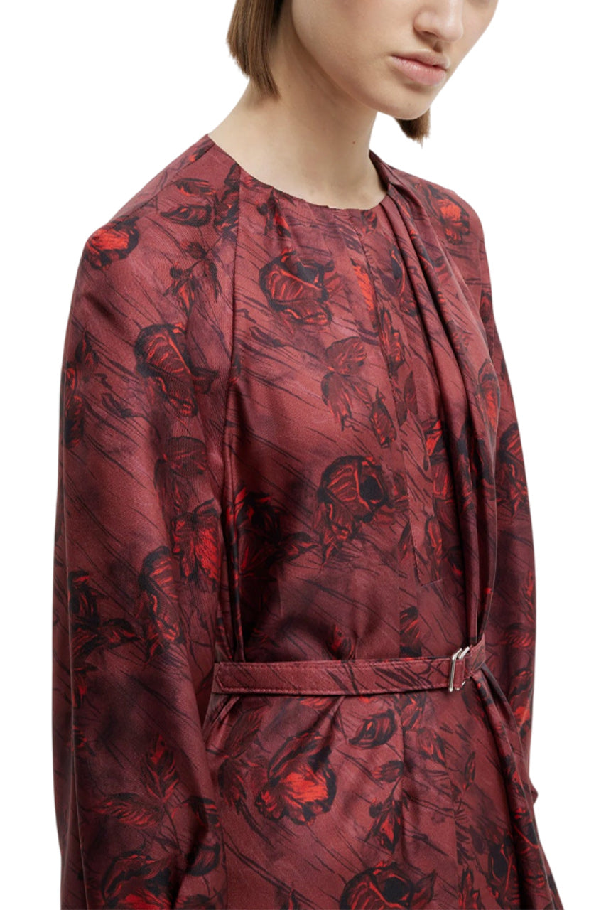 BAHITI DRESS IN RED ROSES ON MARBLE PRINT SILK TWILL