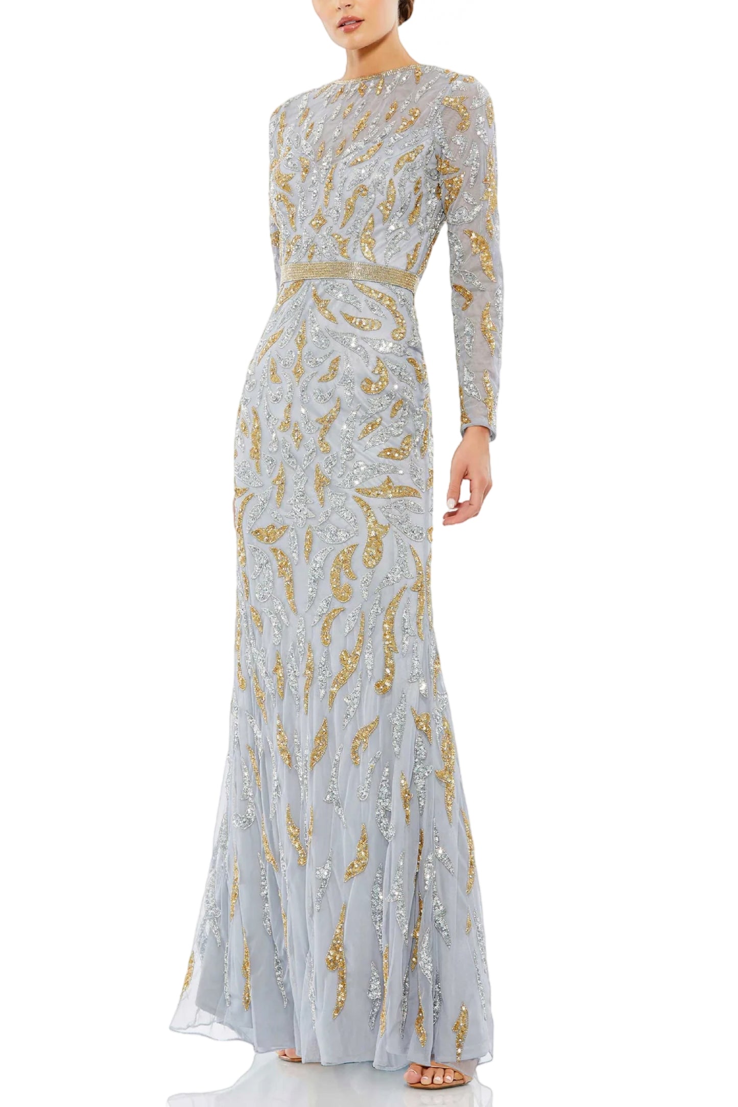 BEADED LONG SLEEVE EVENING GOWN