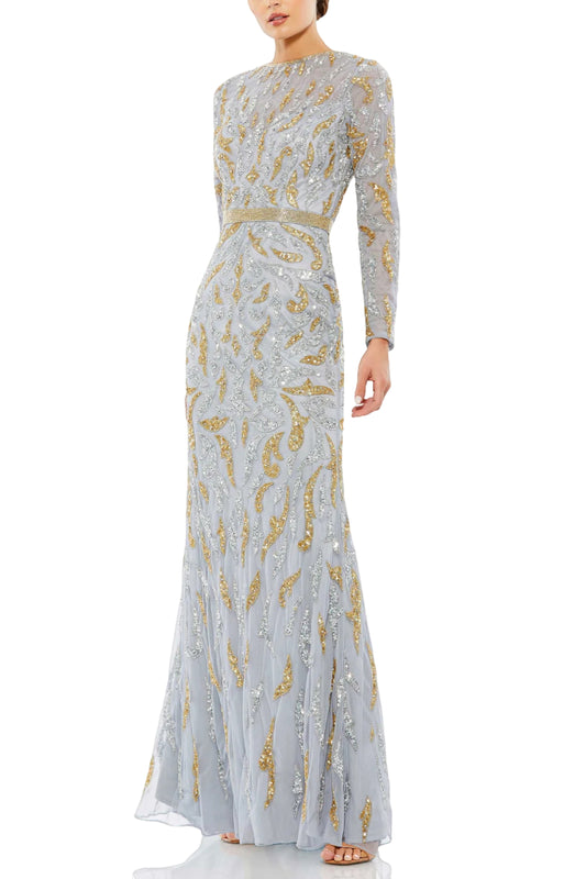 BEADED LONG SLEEVE EVENING GOWN