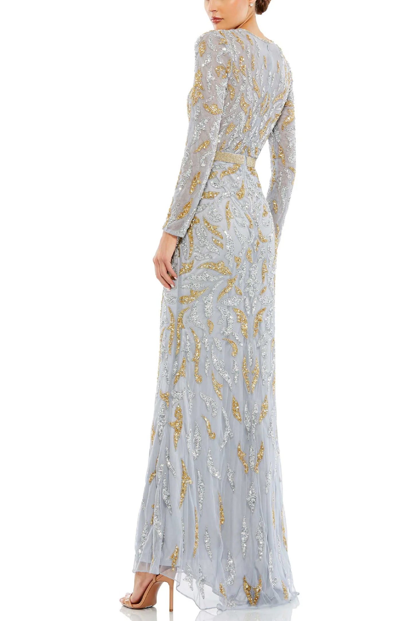 BEADED LONG SLEEVE EVENING GOWN
