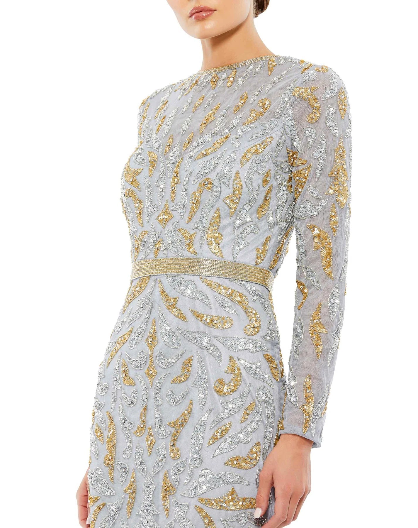 BEADED LONG SLEEVE EVENING GOWN