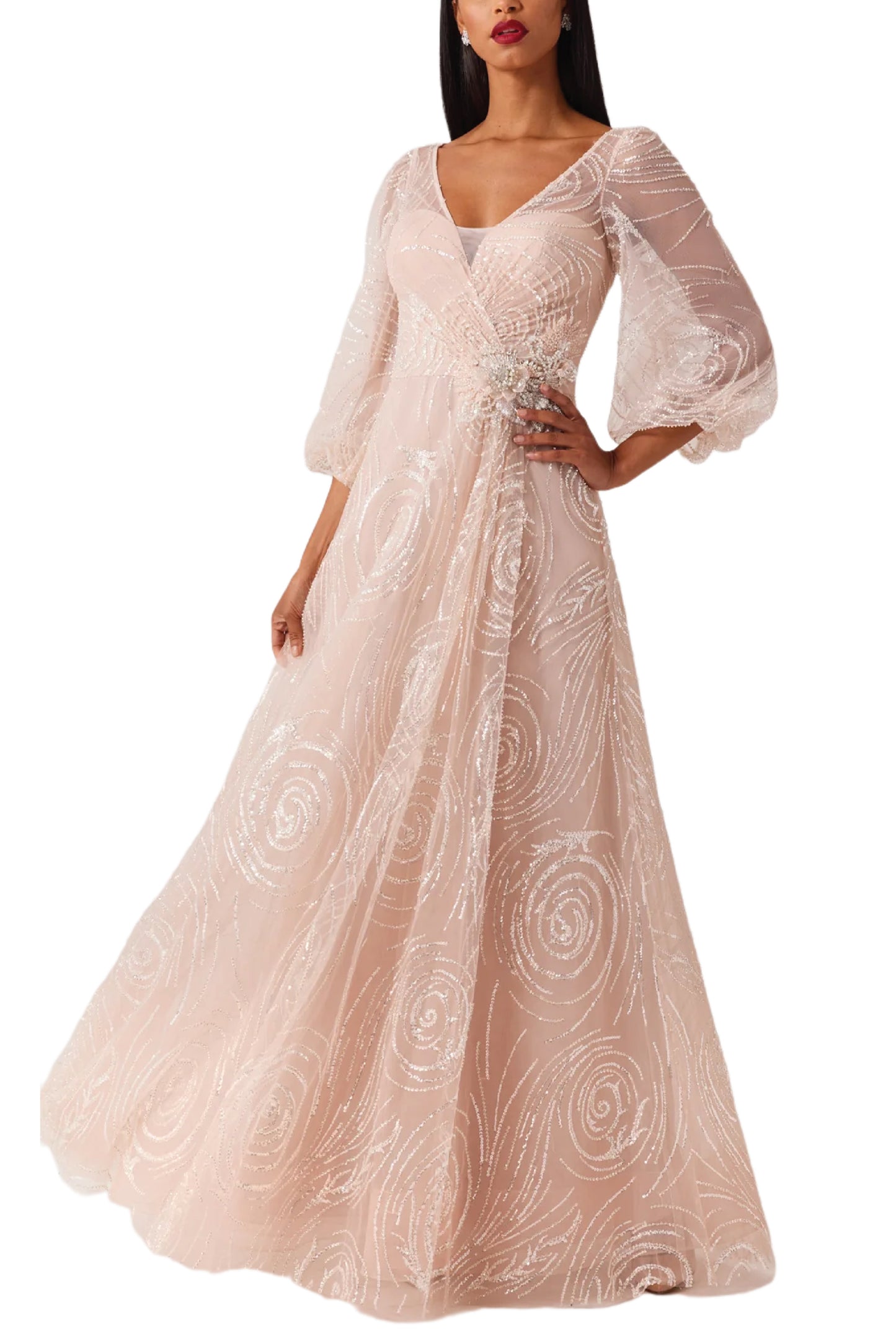 BEADED TULLE V NECK FULL SLEEVE GOWN