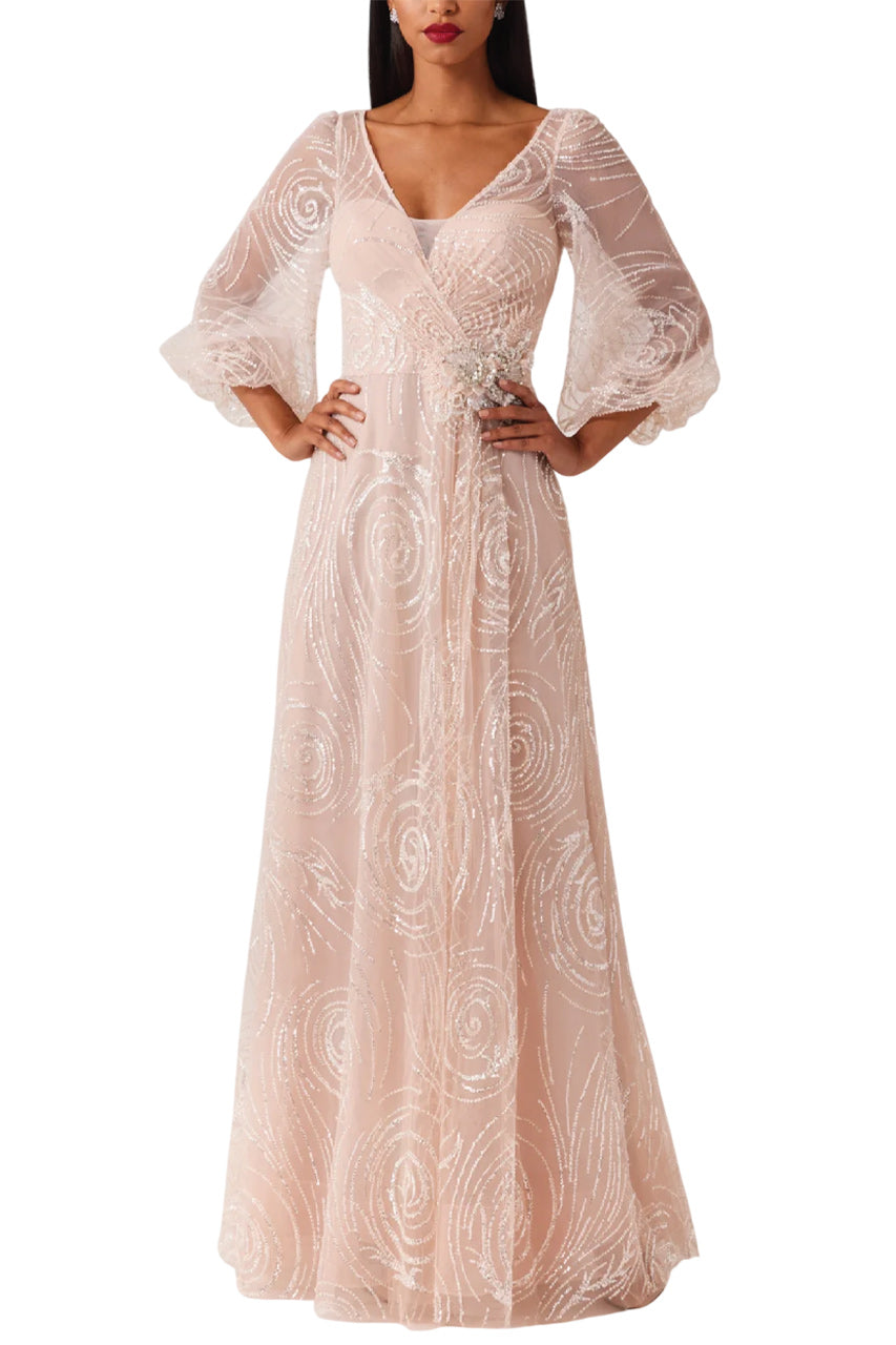 BEADED TULLE V NECK FULL SLEEVE GOWN