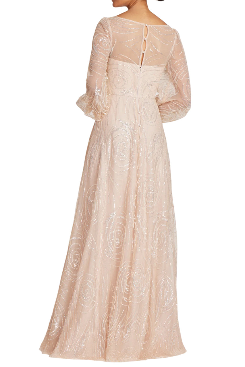 BEADED TULLE V NECK FULL SLEEVE GOWN