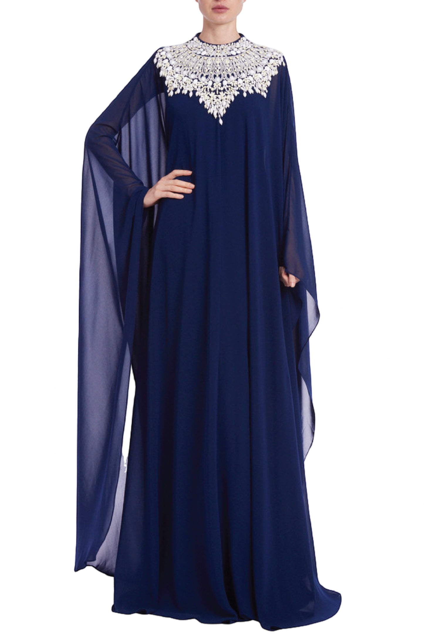 BEADED YOKE GEORGETTE CAFTAN GOWN