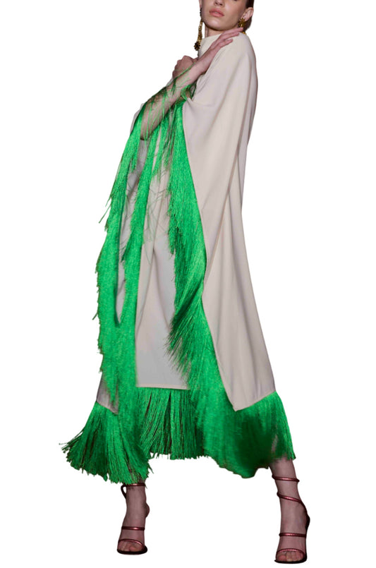 MAYA DRESS IN CREAM WITH GREEN TASSELS