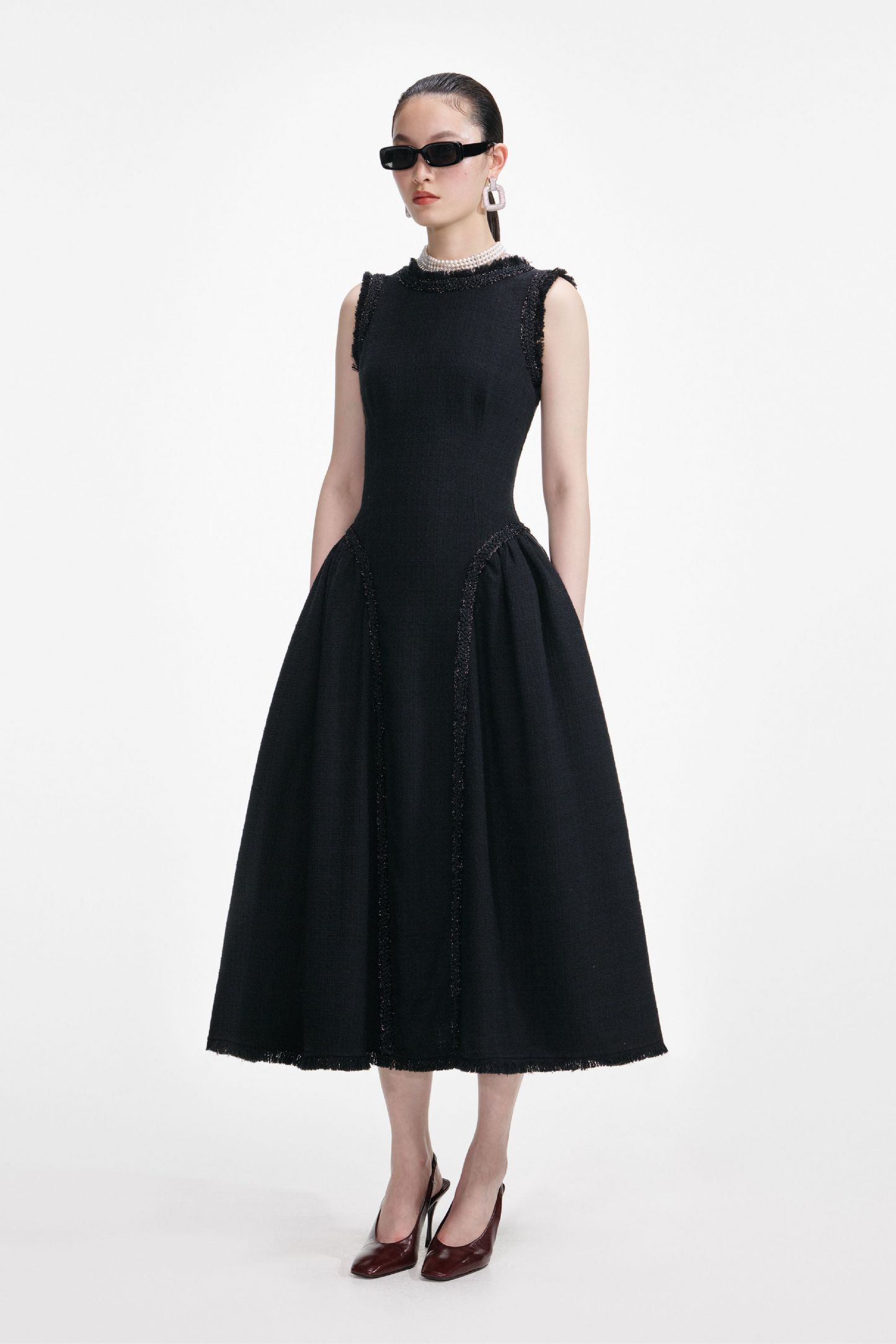 BLACK BOUCLE SLEEVELESS MIDI DRESS