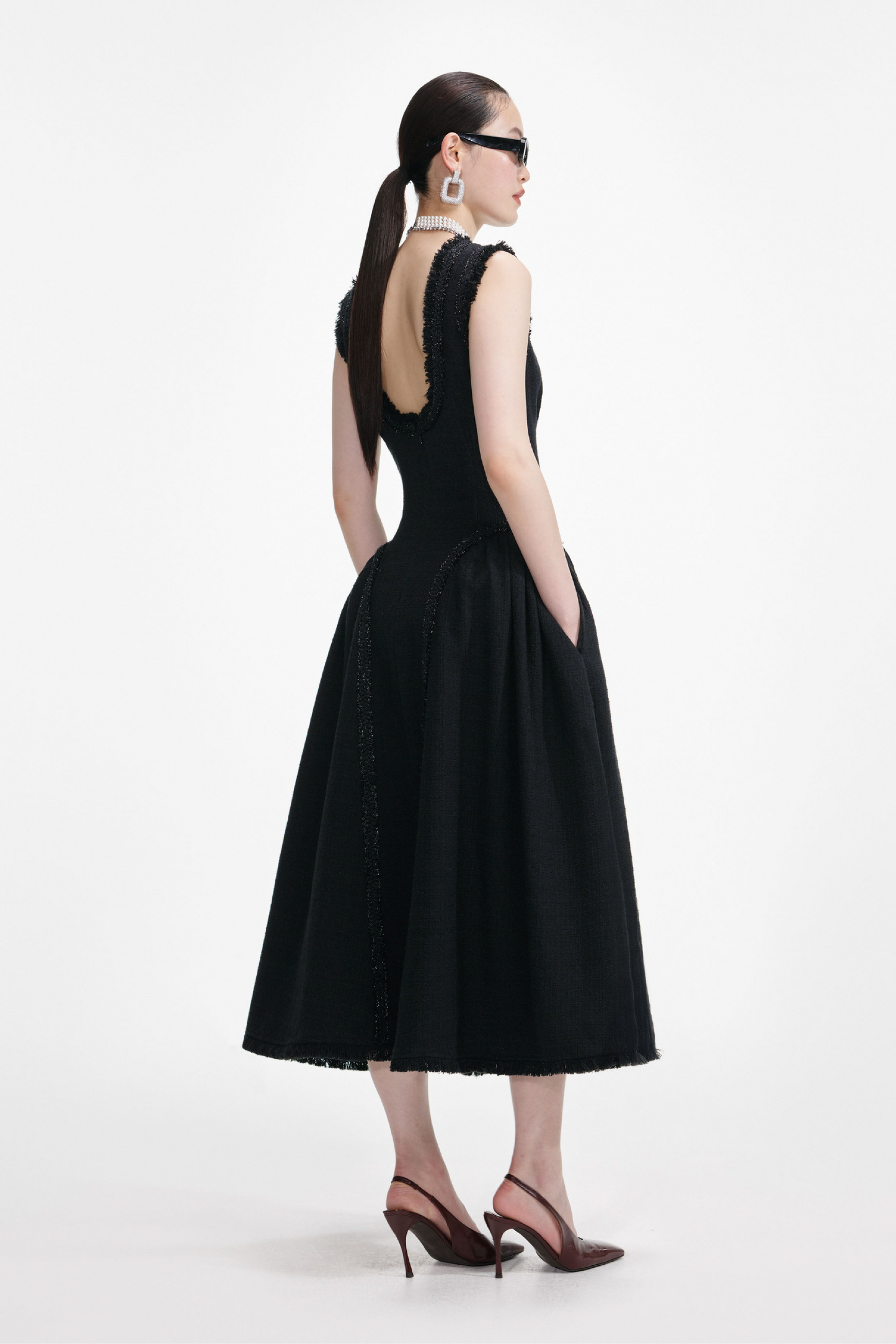 BLACK BOUCLE SLEEVELESS MIDI DRESS