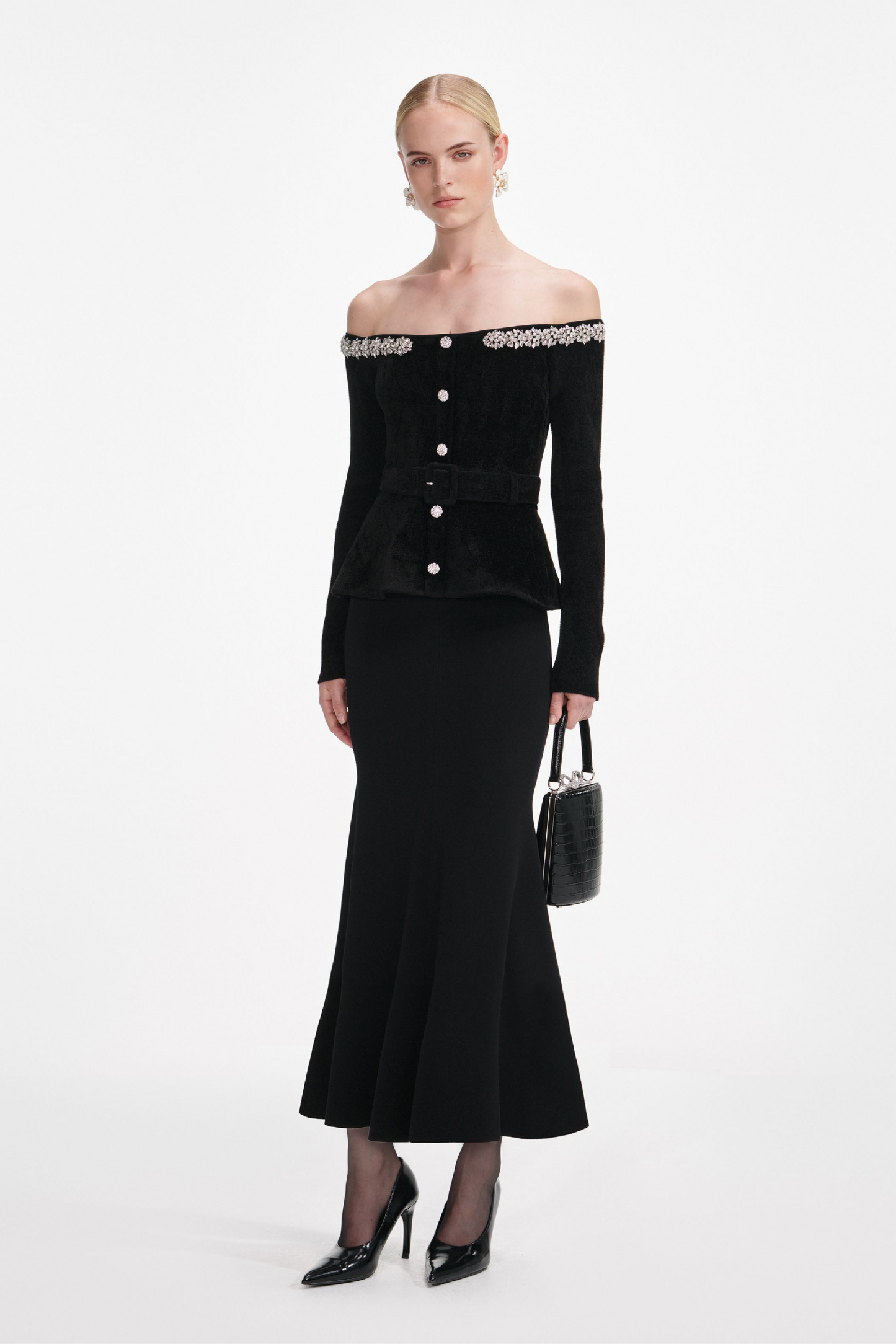 BLACK CHENILLE KNIT CRYSTAL TRIM MIDI DRESS