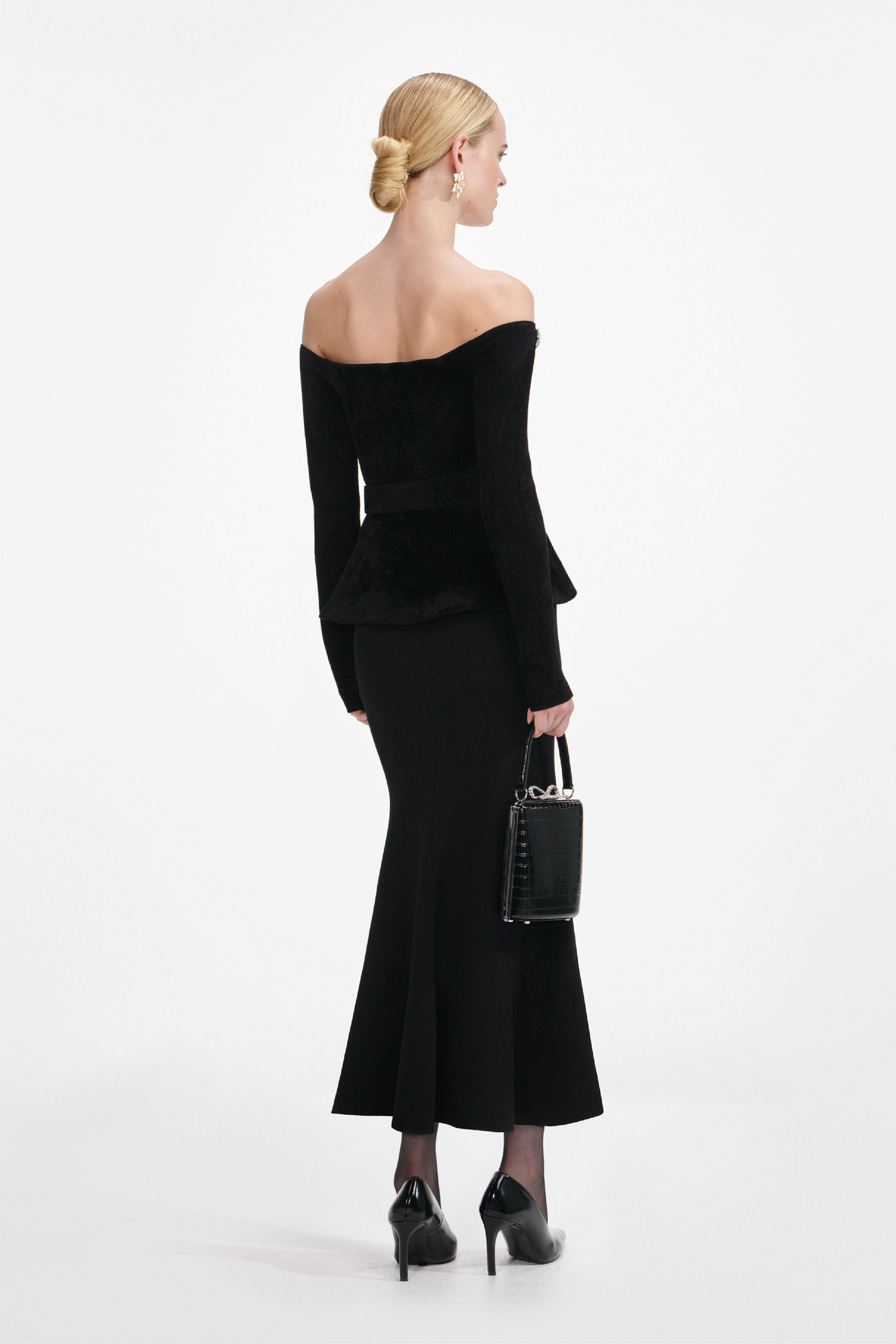 BLACK CHENILLE KNIT CRYSTAL TRIM MIDI DRESS
