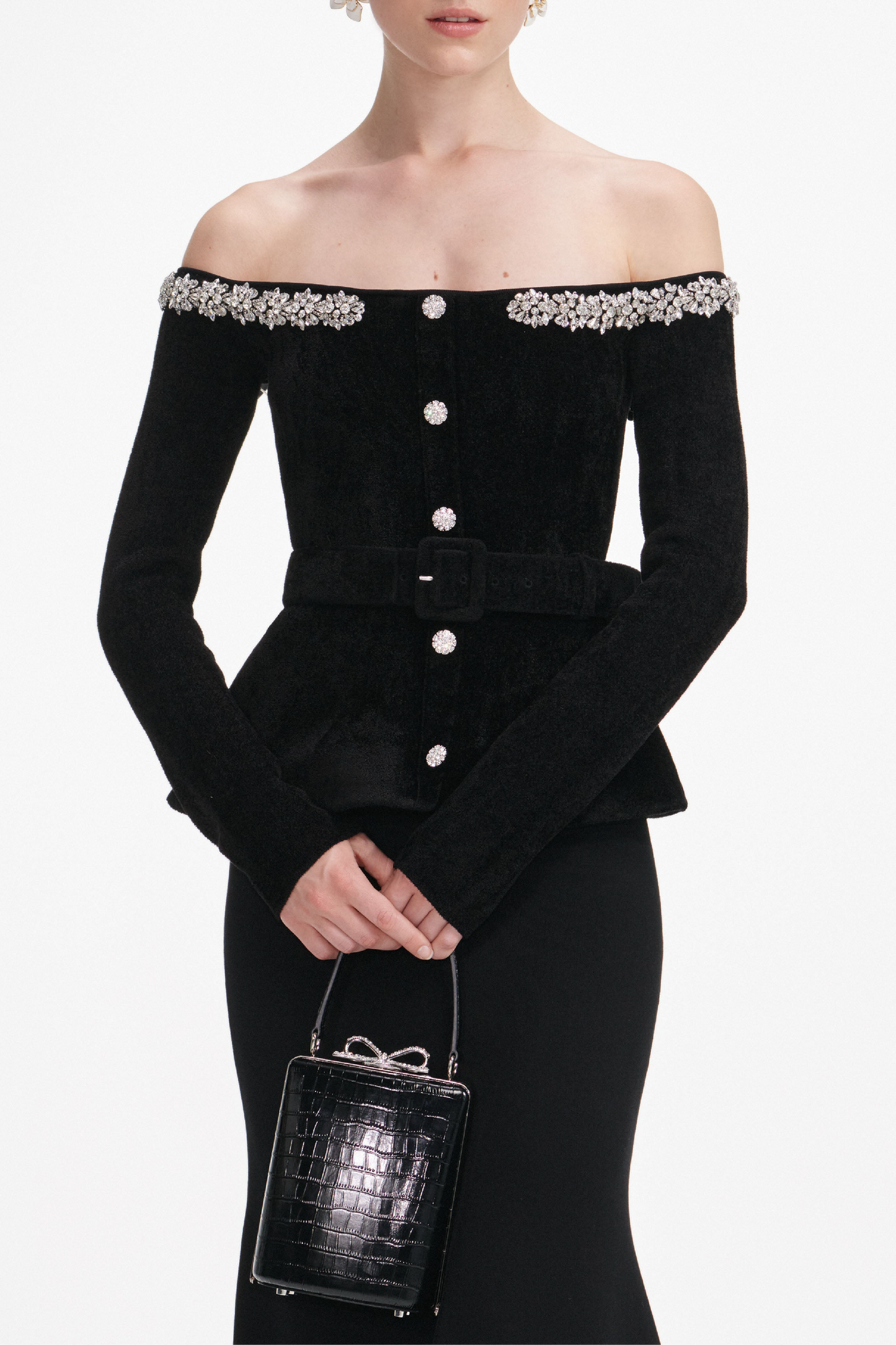 BLACK CHENILLE KNIT CRYSTAL TRIM MIDI DRESS