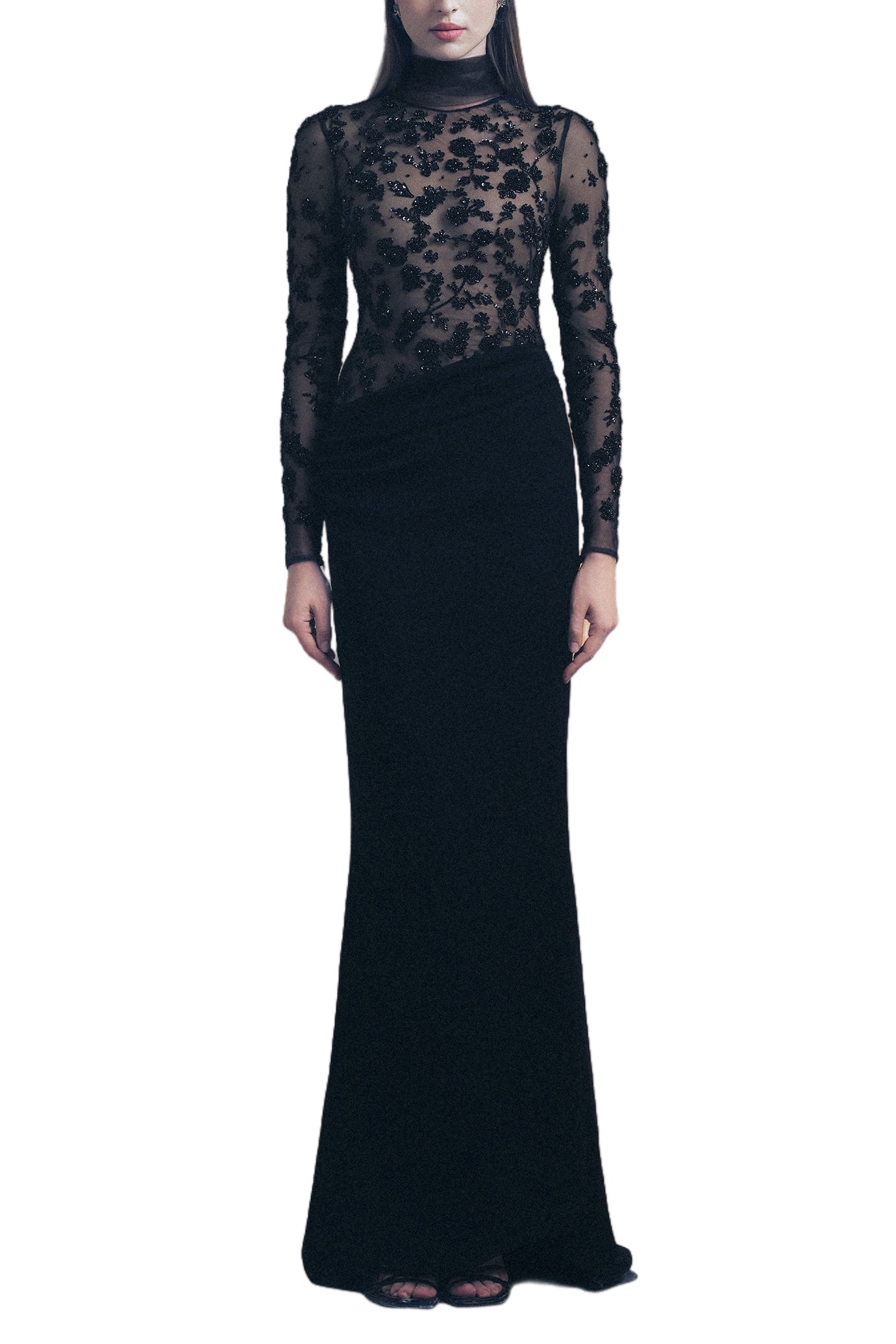 BLACK FITTED FLORAL GOWN