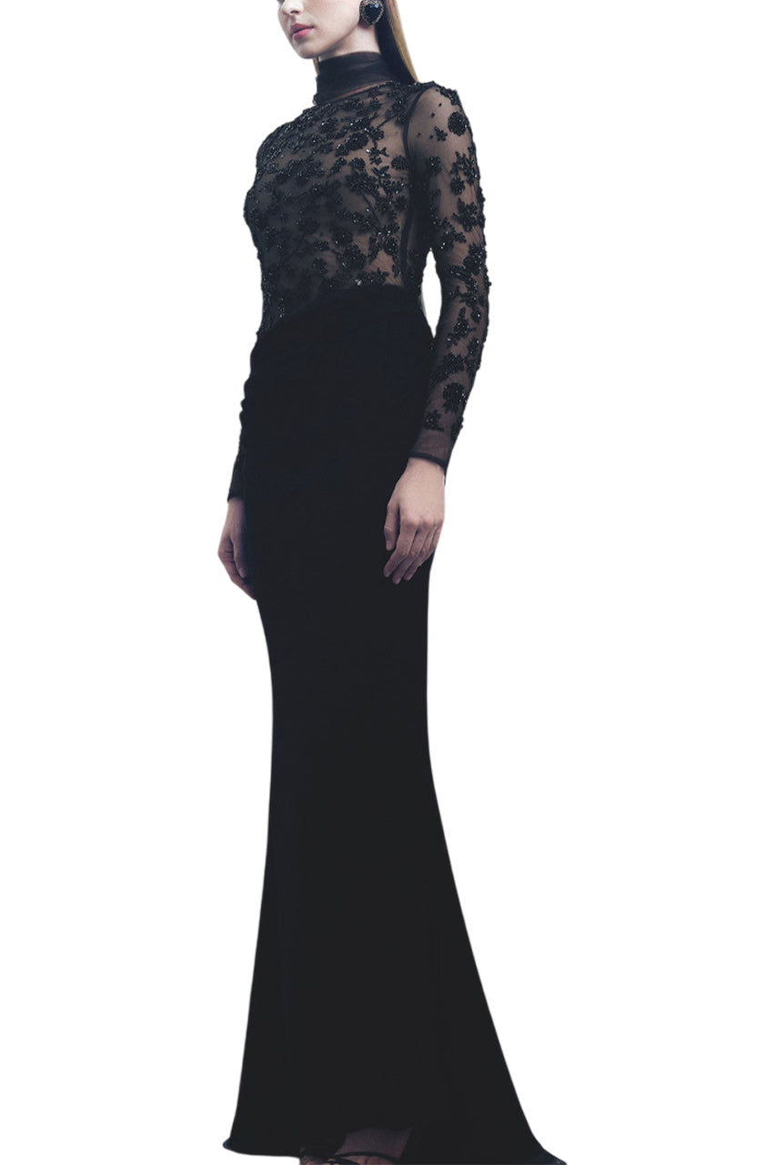 BLACK FITTED FLORAL GOWN