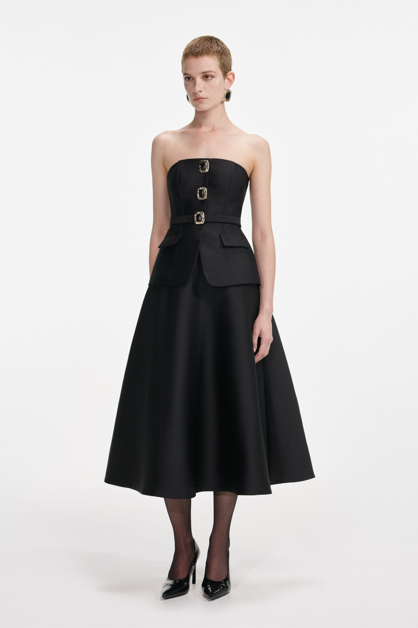 BLACK TAFFETA BANDEAU MIDI DRESS