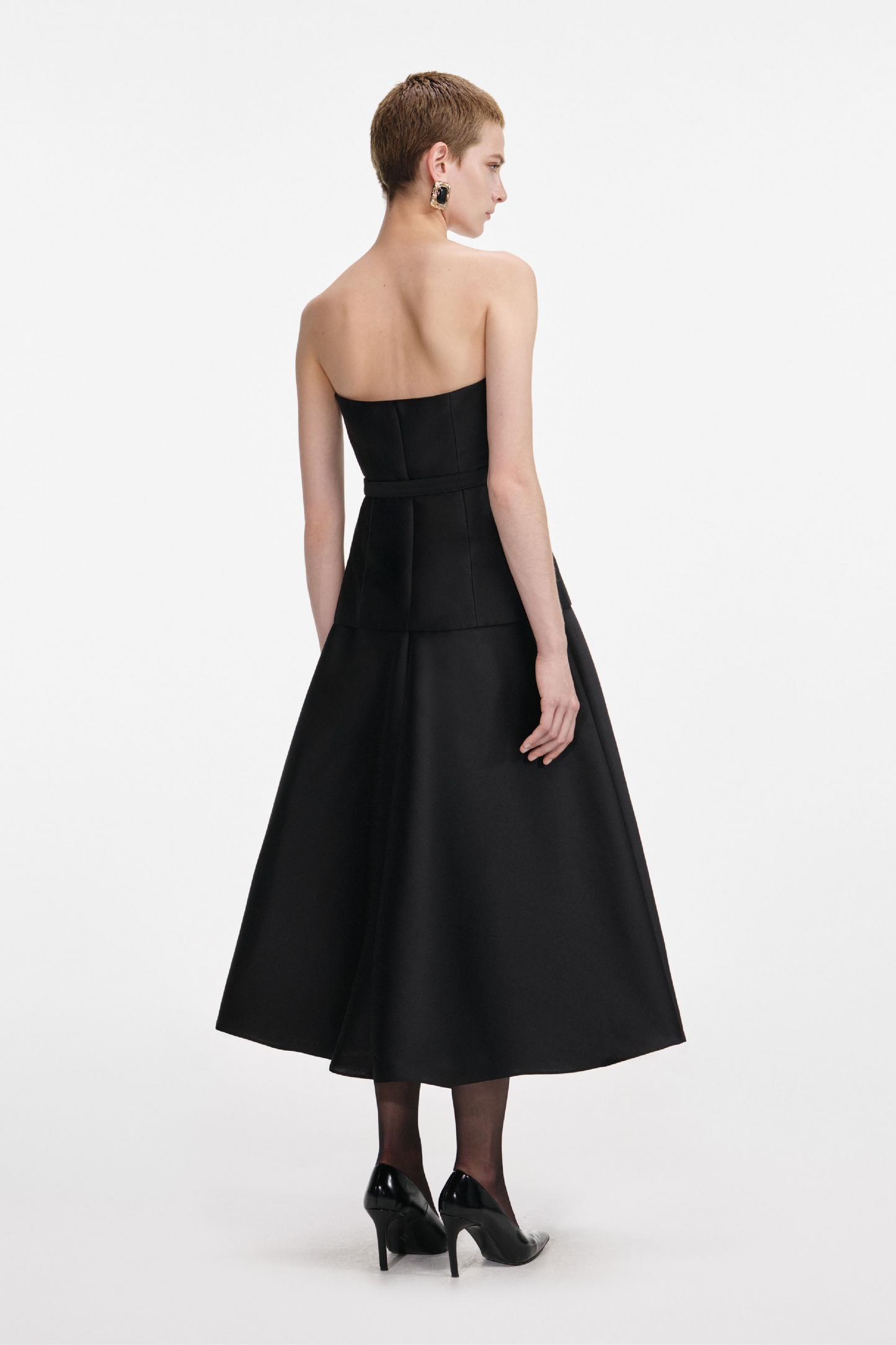 BLACK TAFFETA BANDEAU MIDI DRESS