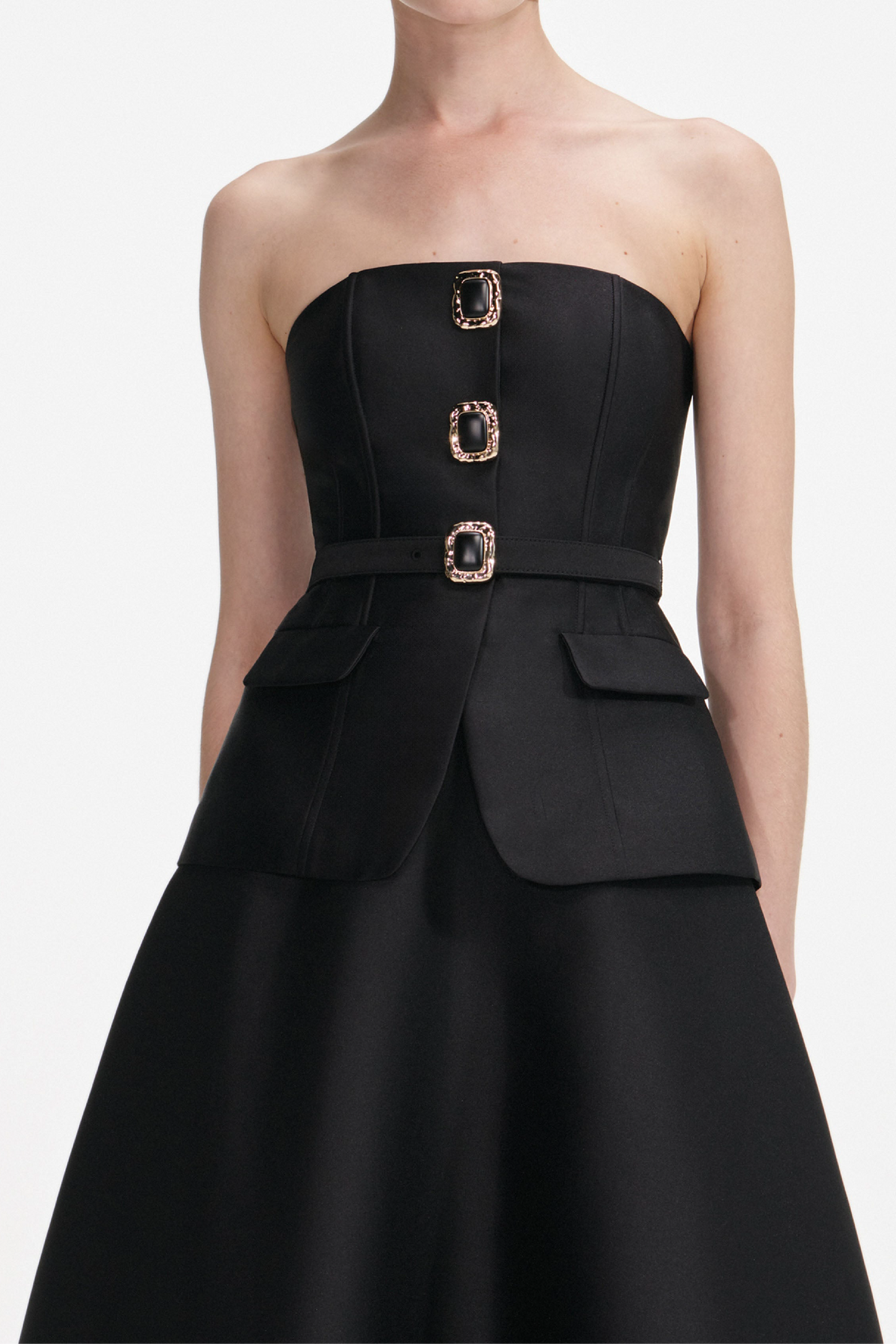BLACK TAFFETA BANDEAU MIDI DRESS