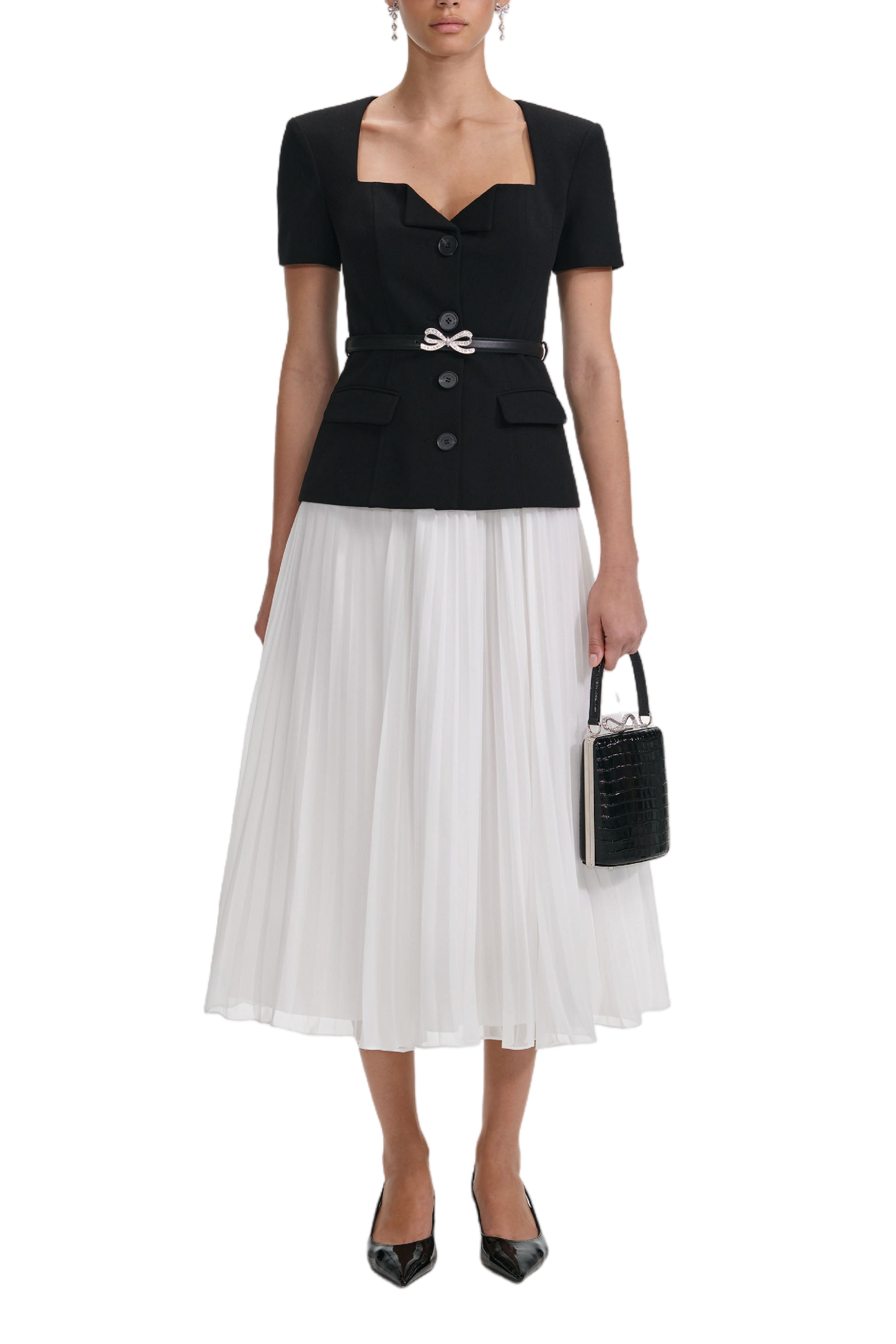 BLACK TAILORED CONTRAST CHIFFON MIDI DRESS