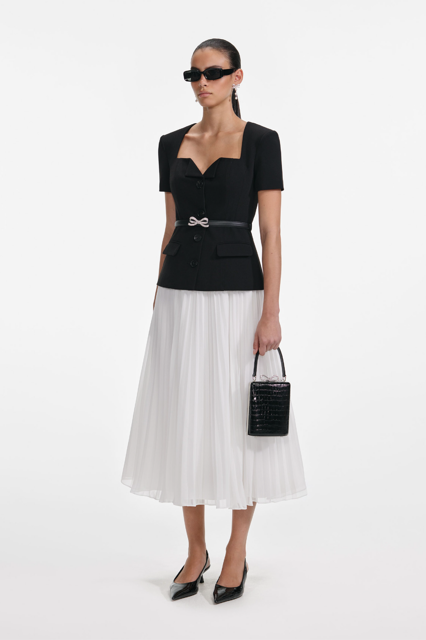 BLACK TAILORED CONTRAST CHIFFON MIDI DRESS