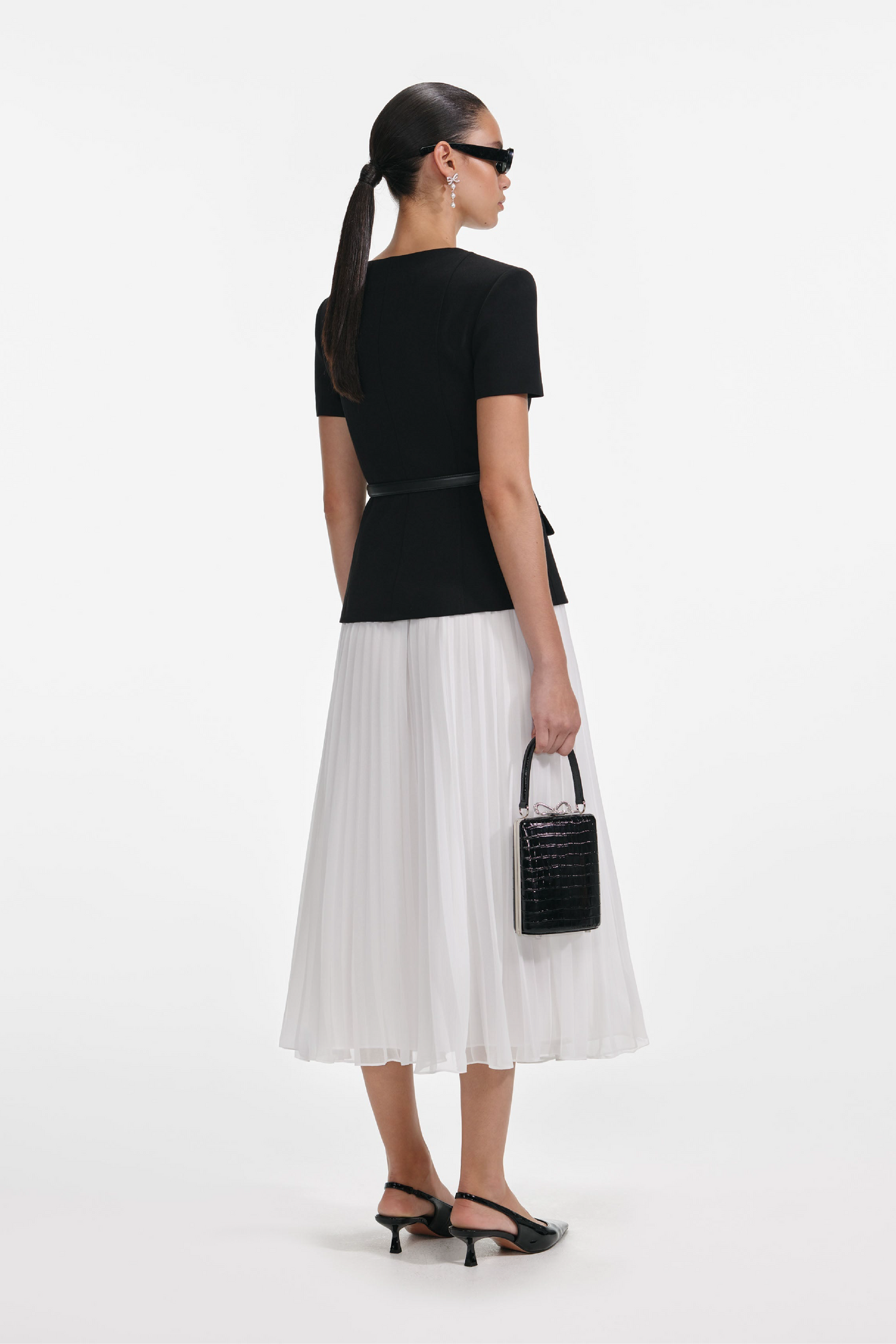 BLACK TAILORED CONTRAST CHIFFON MIDI DRESS