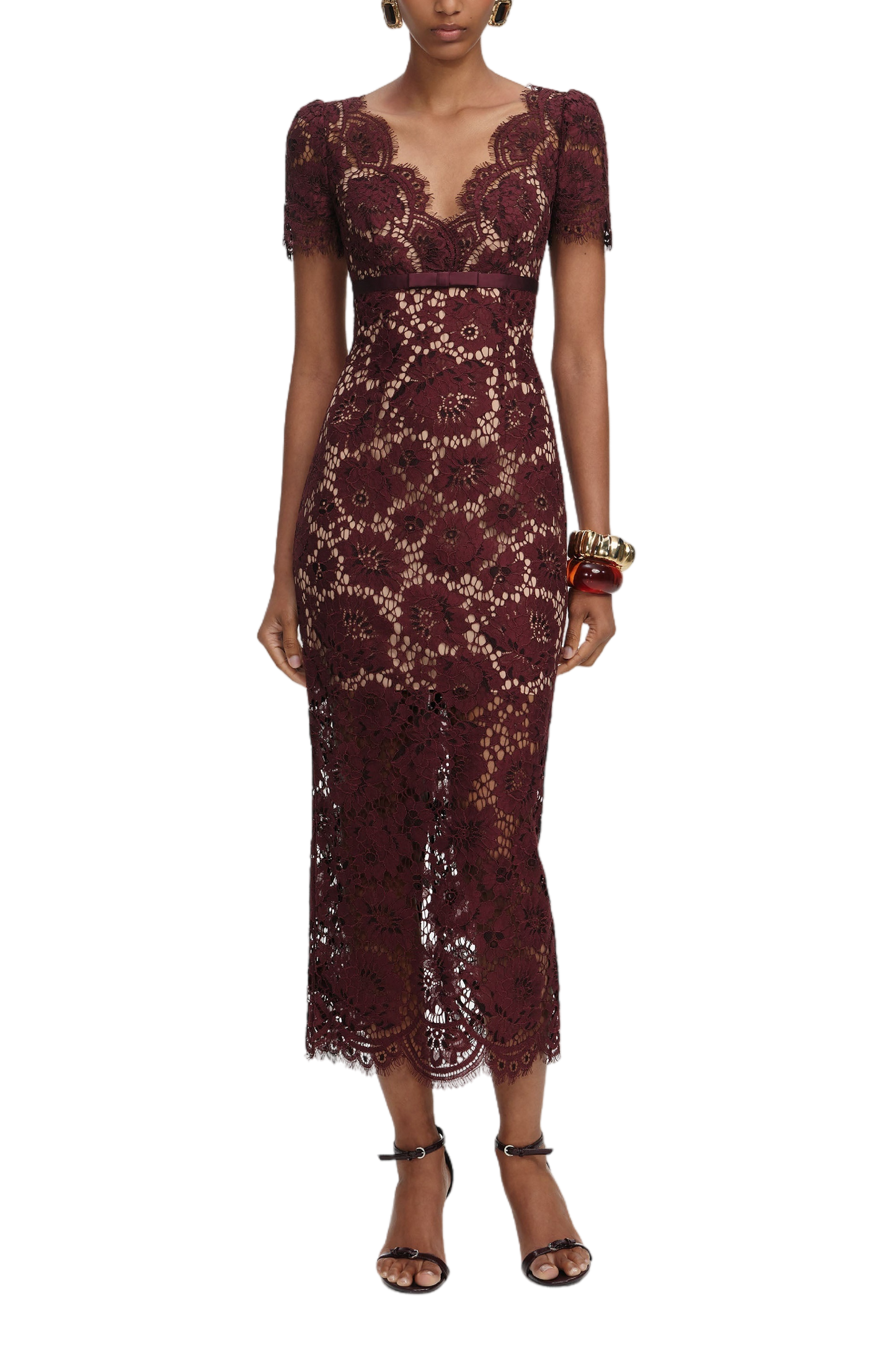 BURGUNDY FLORAL LACE MIDI DRESS