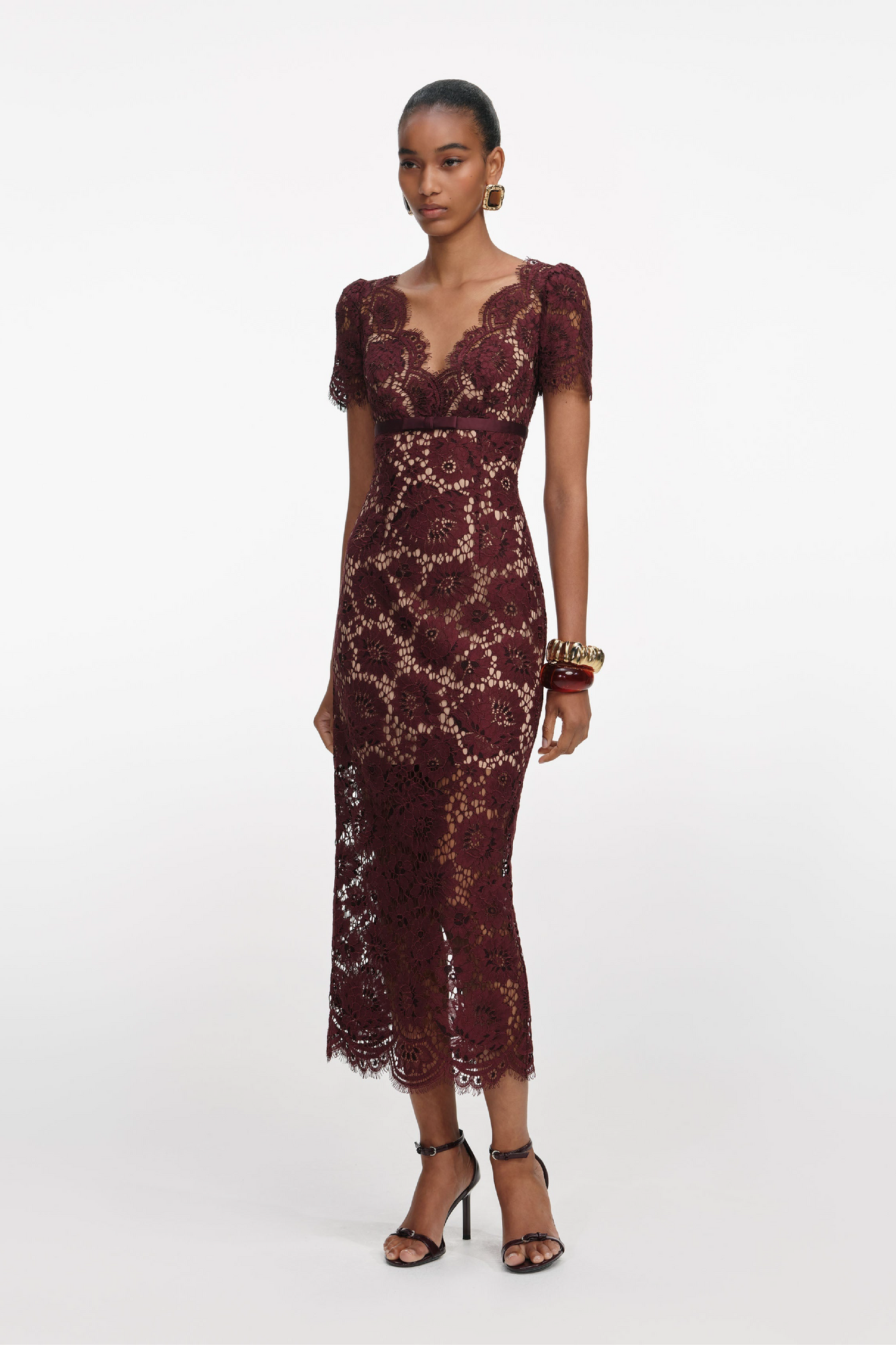 BURGUNDY FLORAL LACE MIDI DRESS