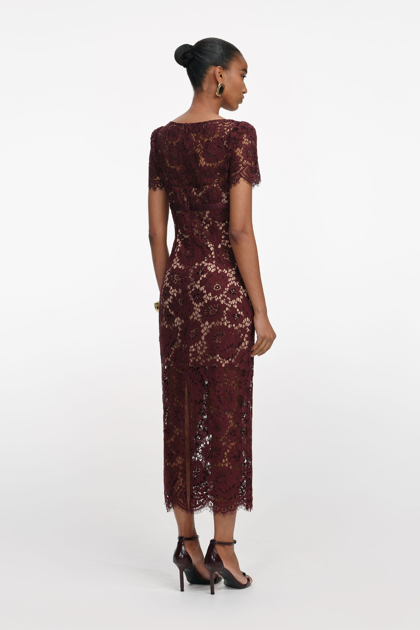 BURGUNDY FLORAL LACE MIDI DRESS