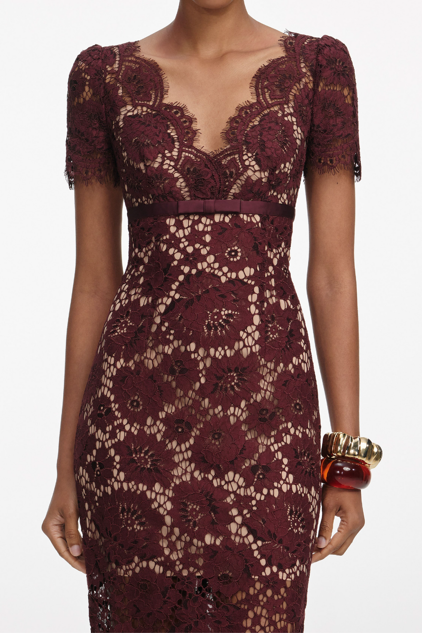 BURGUNDY FLORAL LACE MIDI DRESS