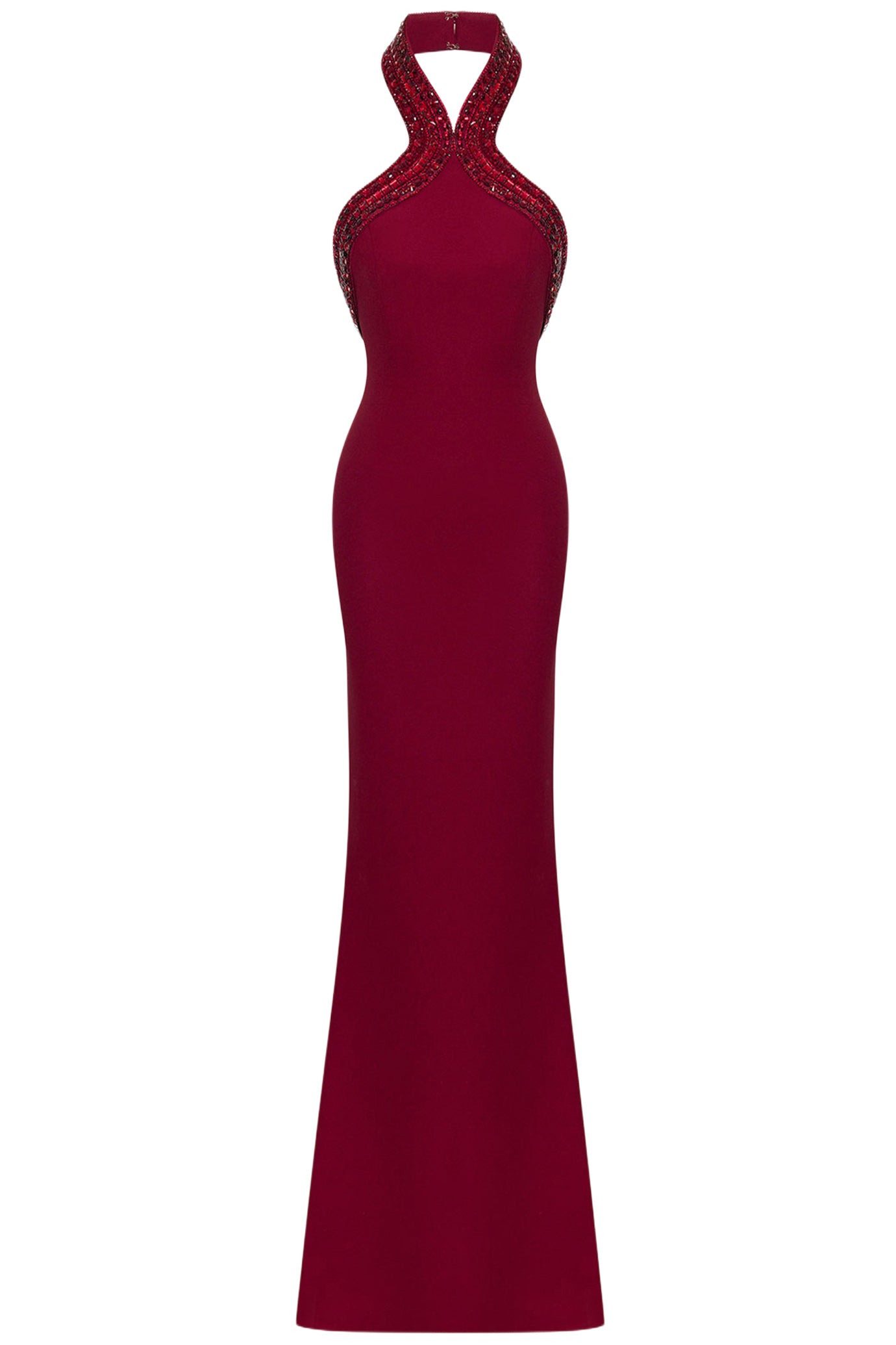 BURGUNDY HALTER NECK DRESS DECORATED WITH CRYSTALS