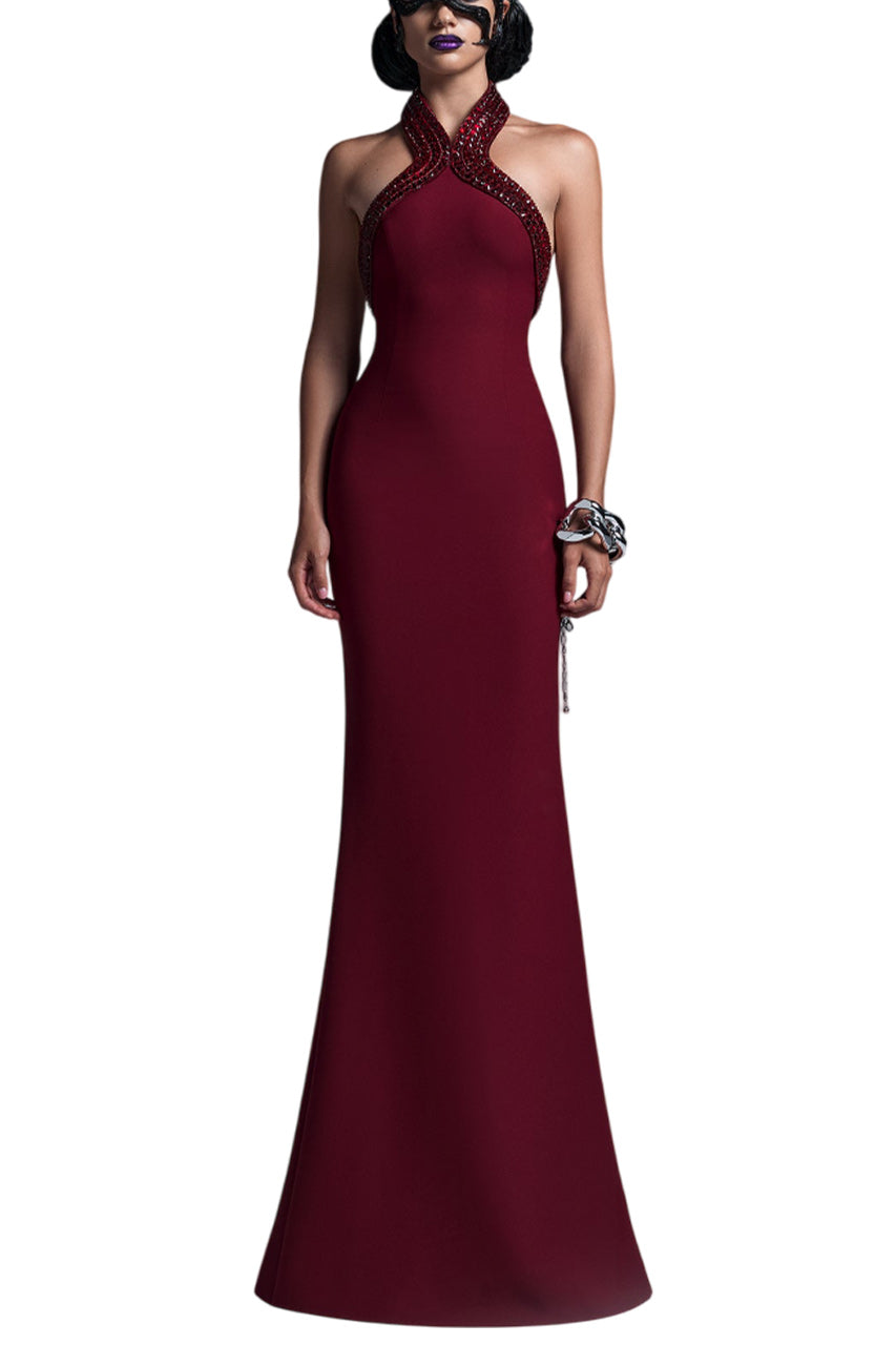 BURGUNDY HALTER NECK DRESS DECORATED WITH CRYSTALS