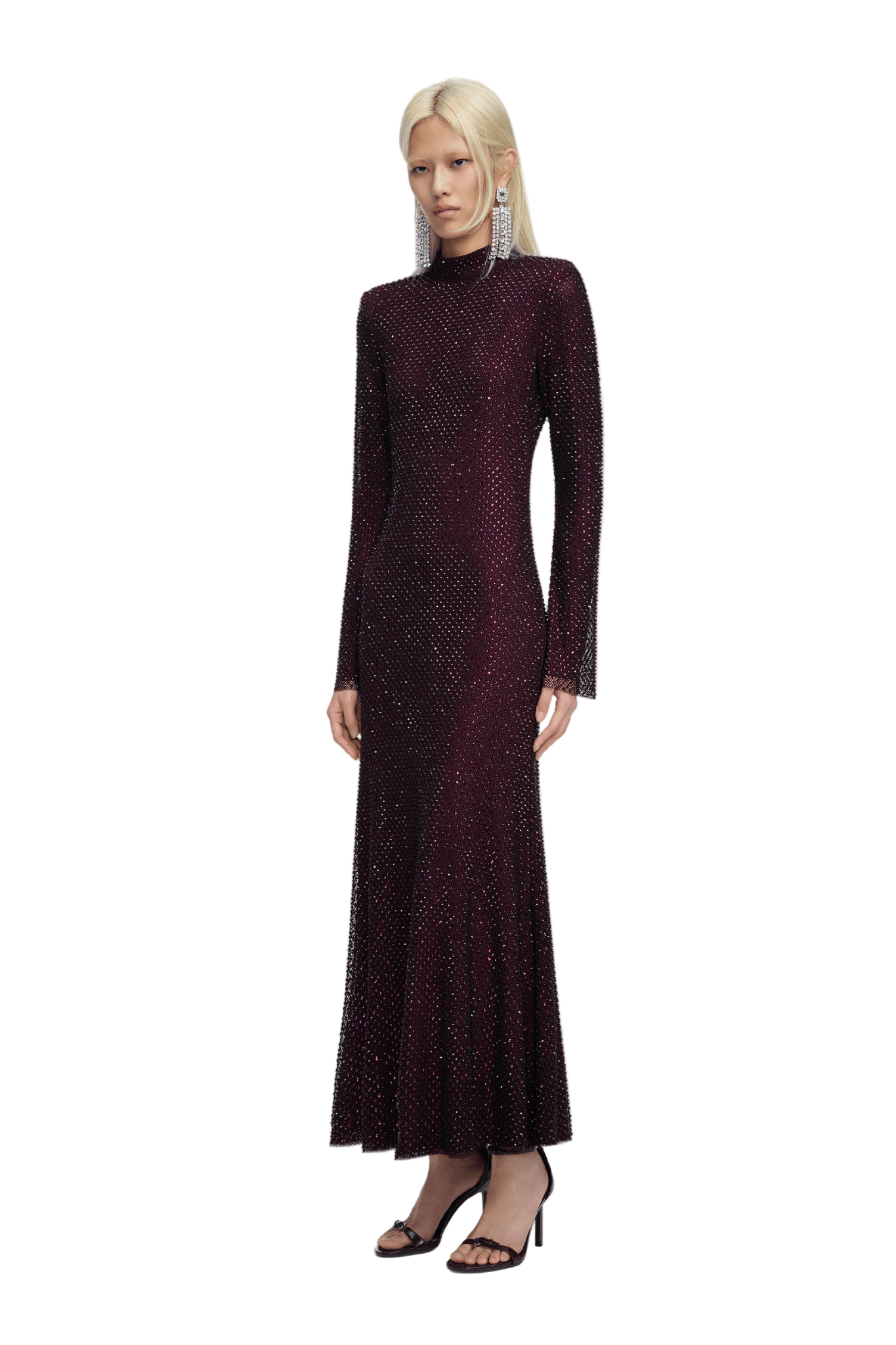 BURGUNDY RHINESTONE FISHNET MIDI DRESS