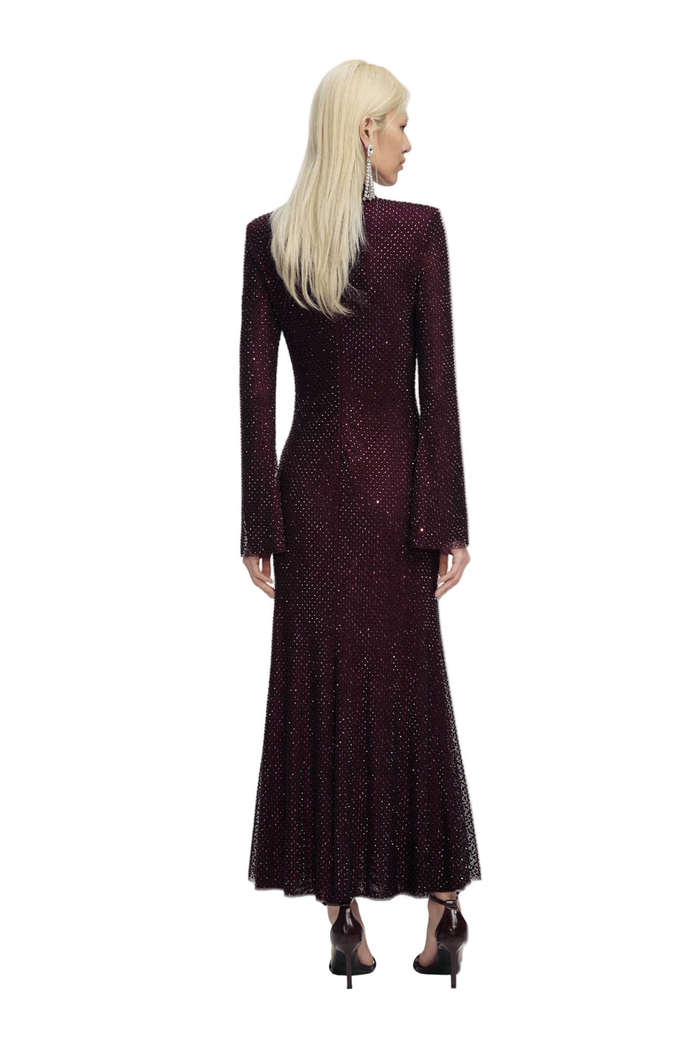 BURGUNDY RHINESTONE FISHNET MIDI DRESS