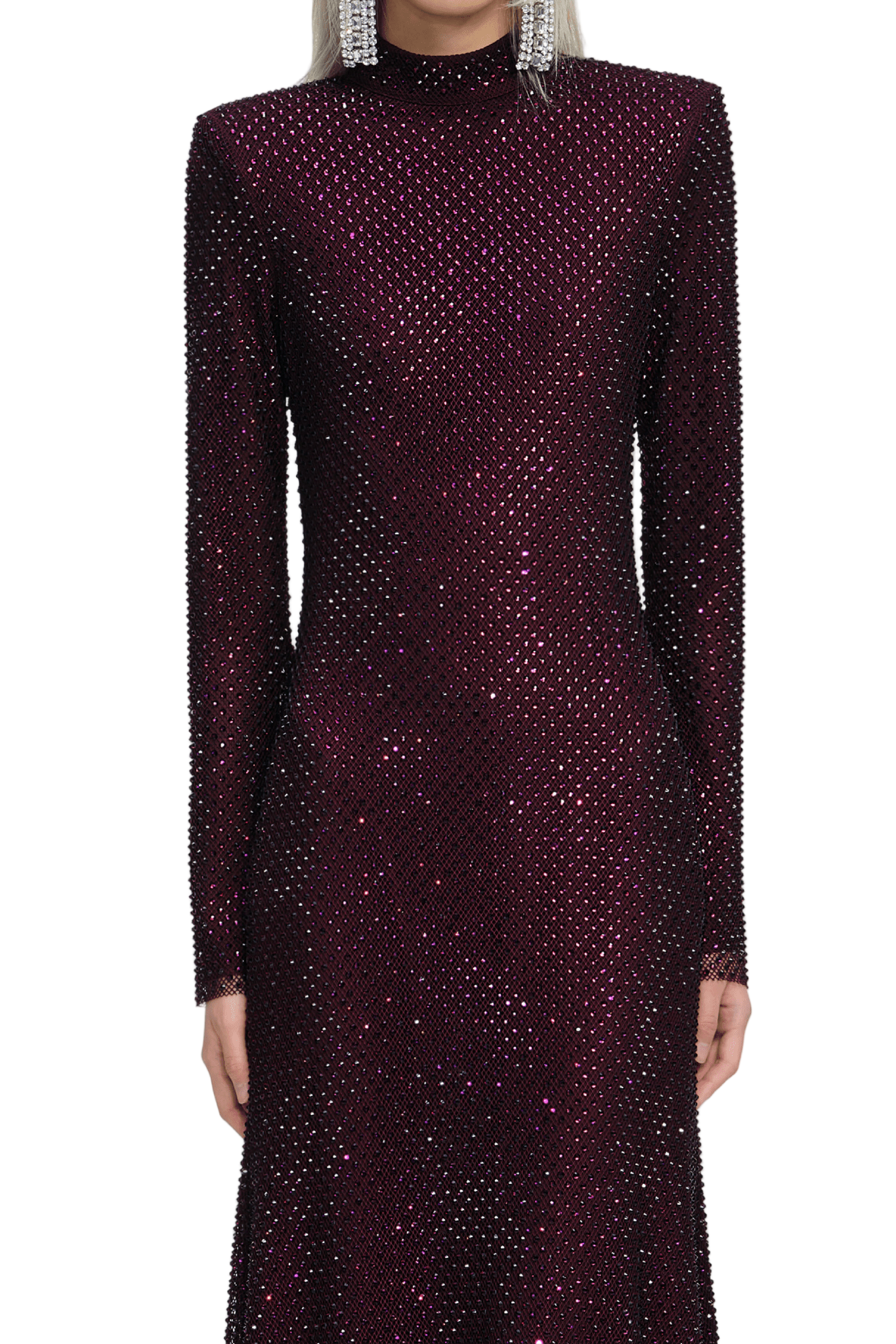 BURGUNDY RHINESTONE FISHNET MIDI DRESS