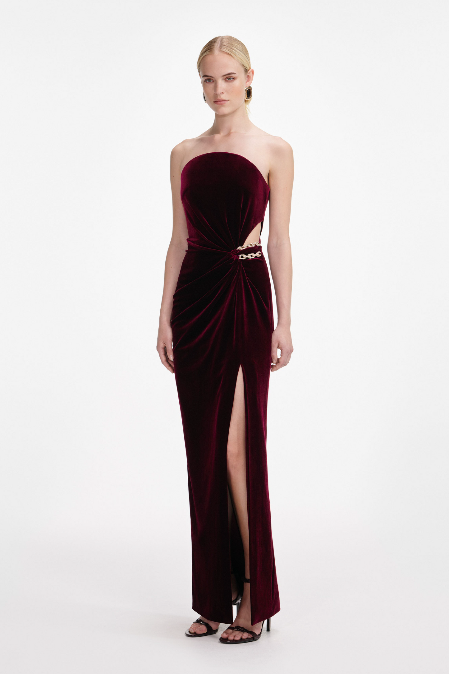 BURGUNDY VELVET BANDEAU MAXI DRESS