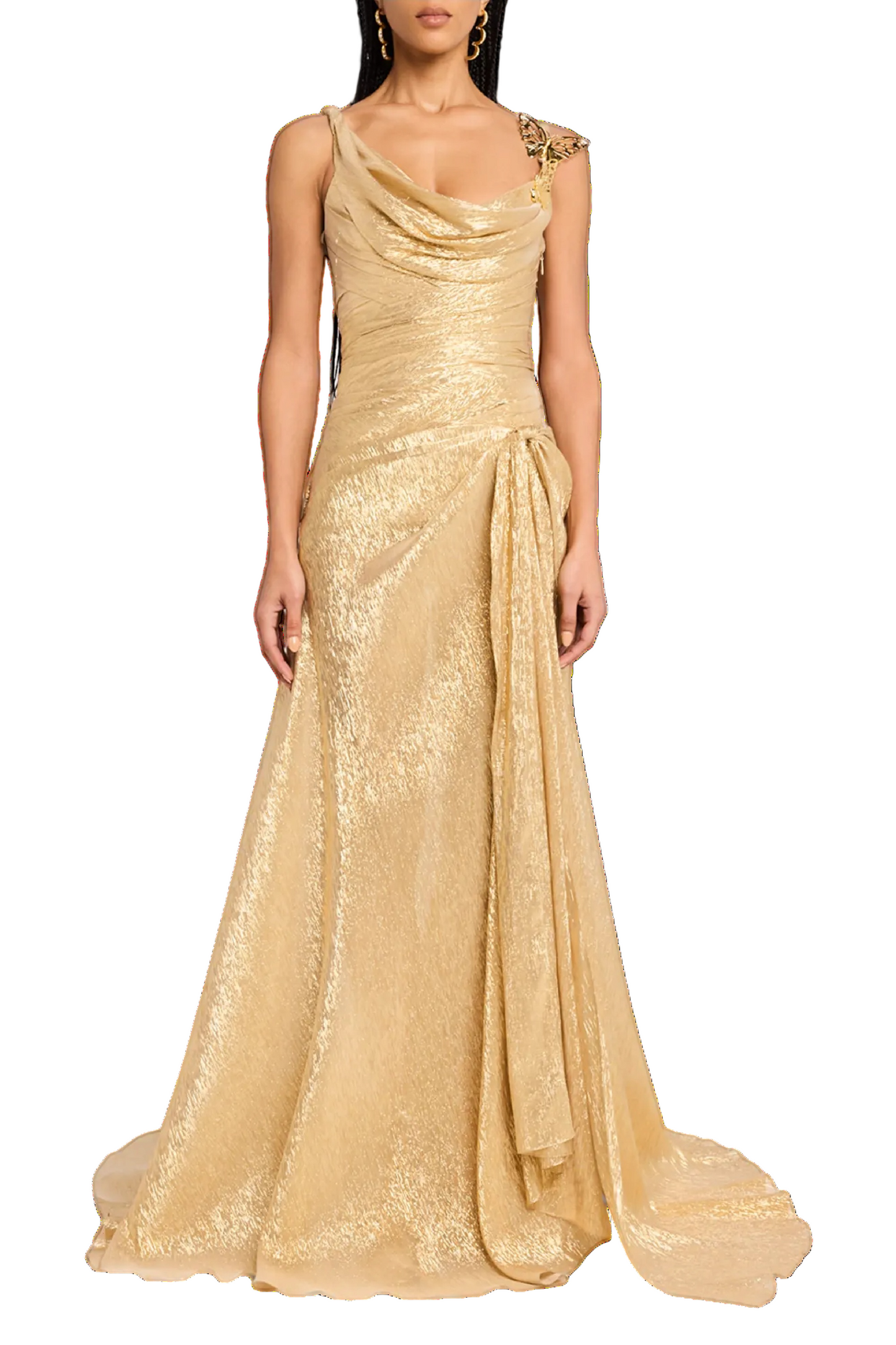 BUTTERFLY COWL-NECK LAME GOWN WITH SLIT