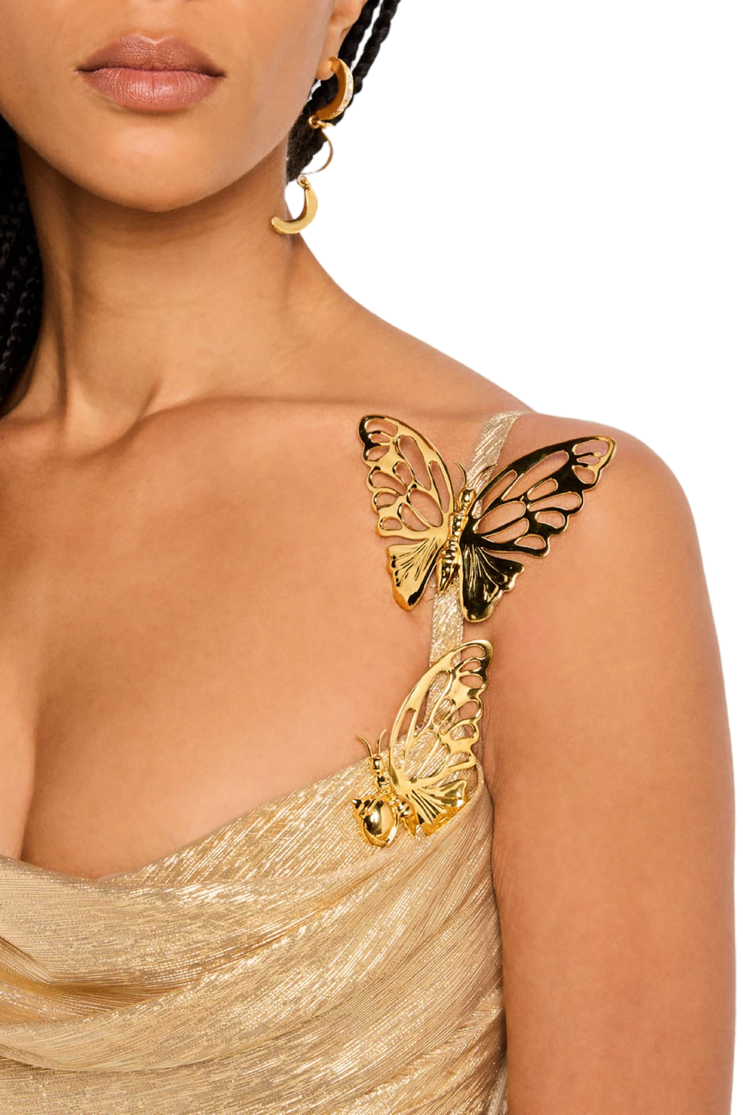 BUTTERFLY COWL-NECK LAME GOWN WITH SLIT
