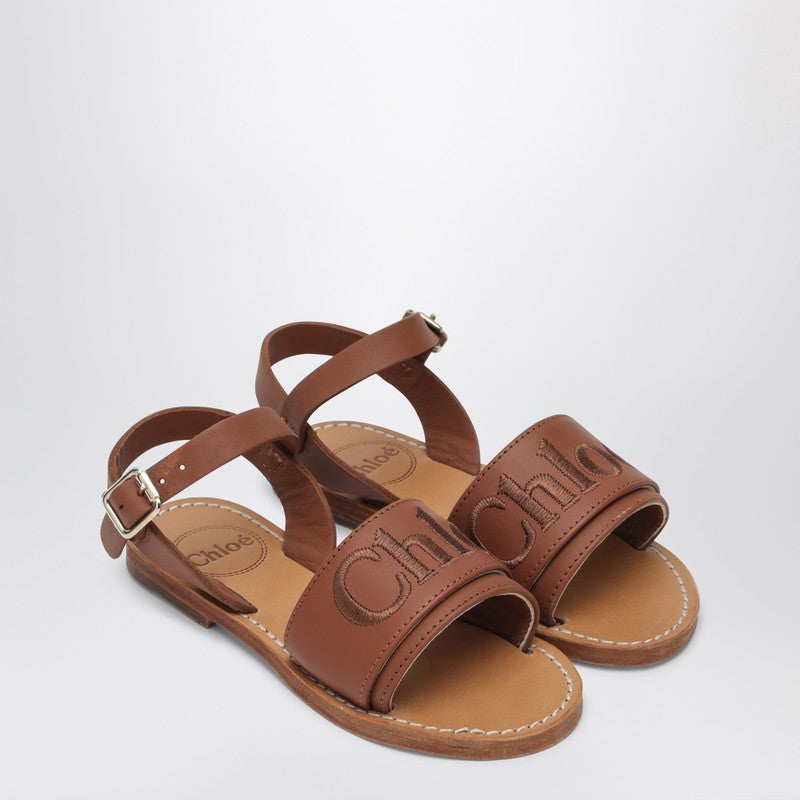 Brown Leather Sandals With Logo
