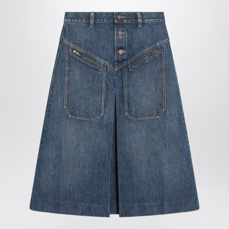 Knee-length skirt in washed blue denim