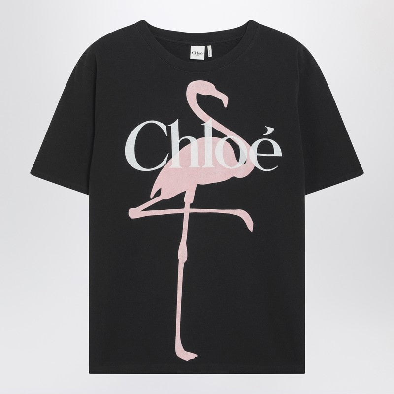 Black baby-fit T-shirt with logo and flamingo print