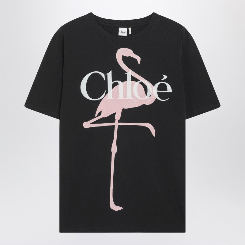 Black oversized T-shirt with logo and flamingo print