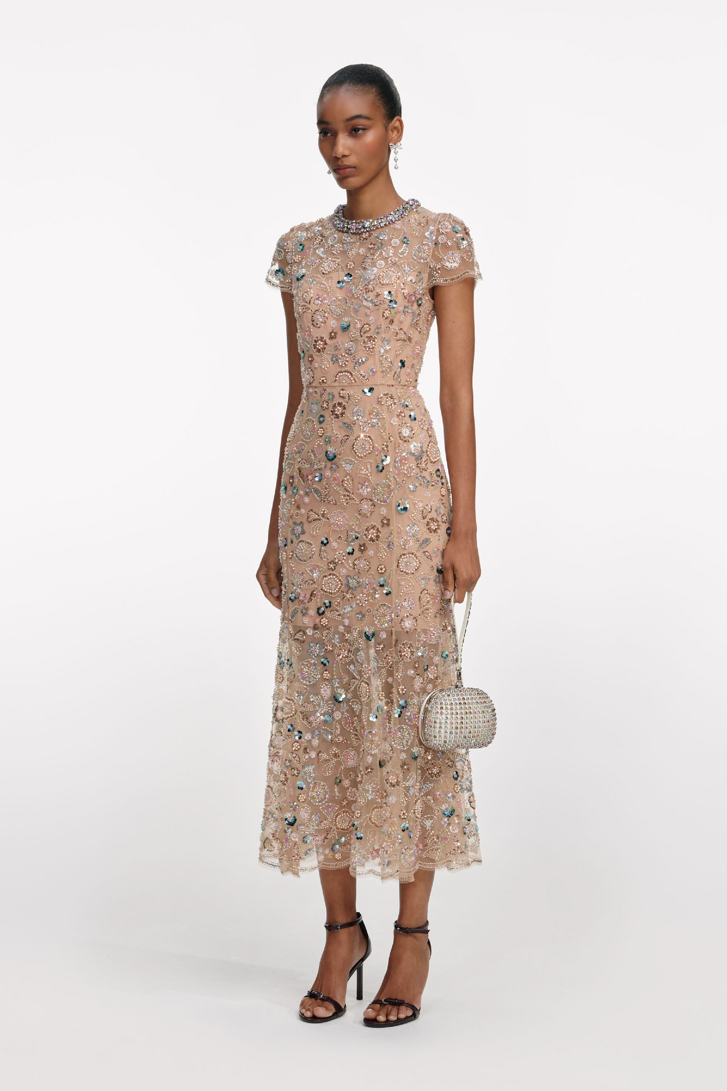 CHAMPAGNE SEQUIN EMBROIDERED MIDI DRESS
