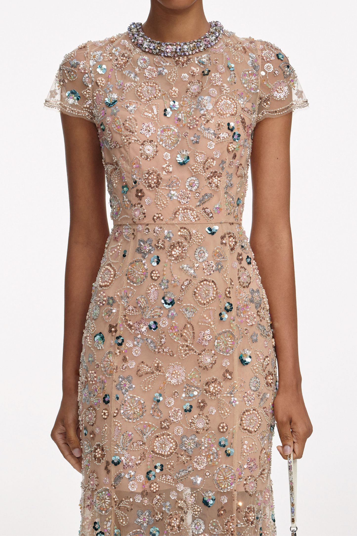 CHAMPAGNE SEQUIN EMBROIDERED MIDI DRESS
