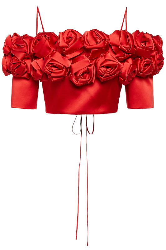 CROPPED FLOWER EMBELLISHED SATIN TOP