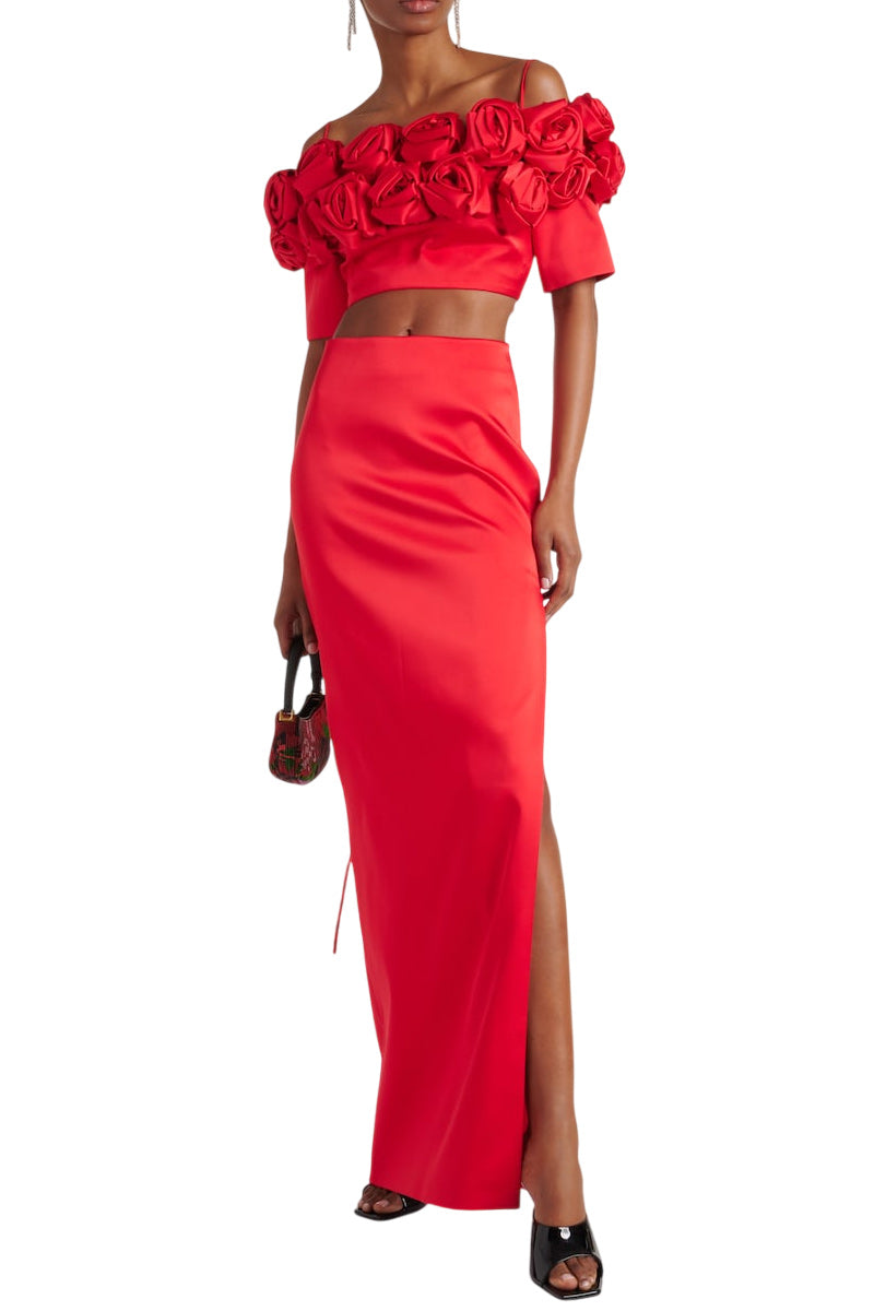 CROPPED FLOWER EMBELLISHED SATIN TOP