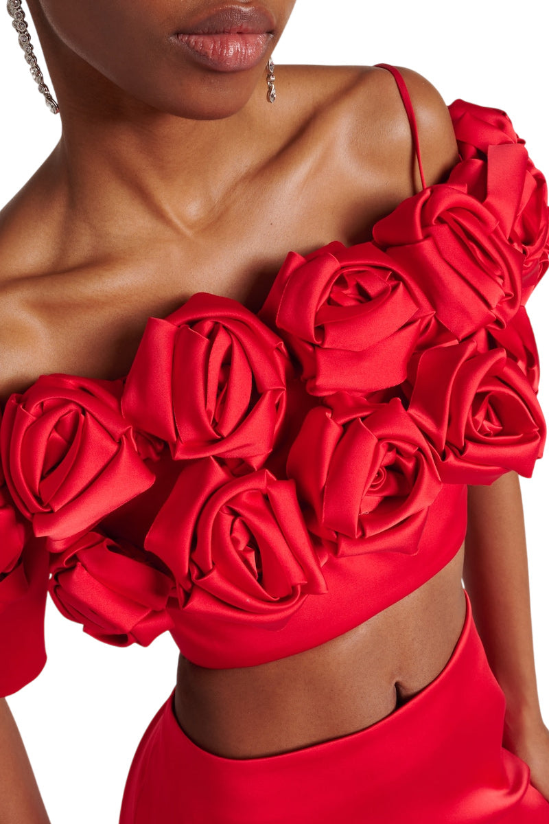 CROPPED FLOWER EMBELLISHED SATIN TOP