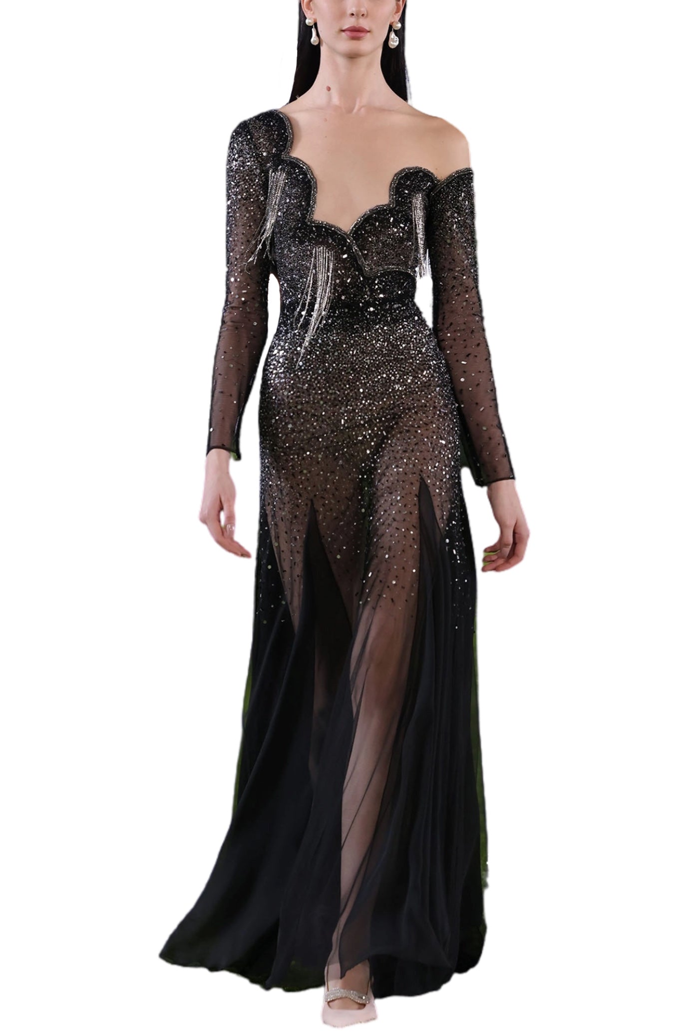 CRYSTAL-EMBELLISHED ASYMMETRIC GEORGETTE MAXI DRESS