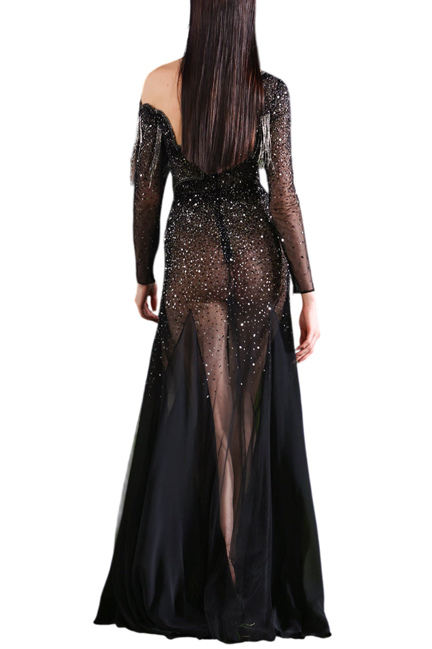 CRYSTAL-EMBELLISHED ASYMMETRIC GEORGETTE MAXI DRESS