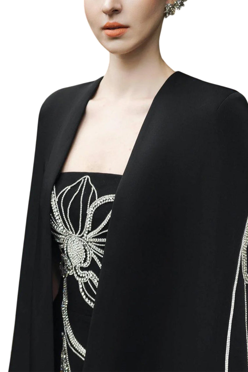 CRYSTAL STRAPLESS DRESS WITH LONG BACK CAPE