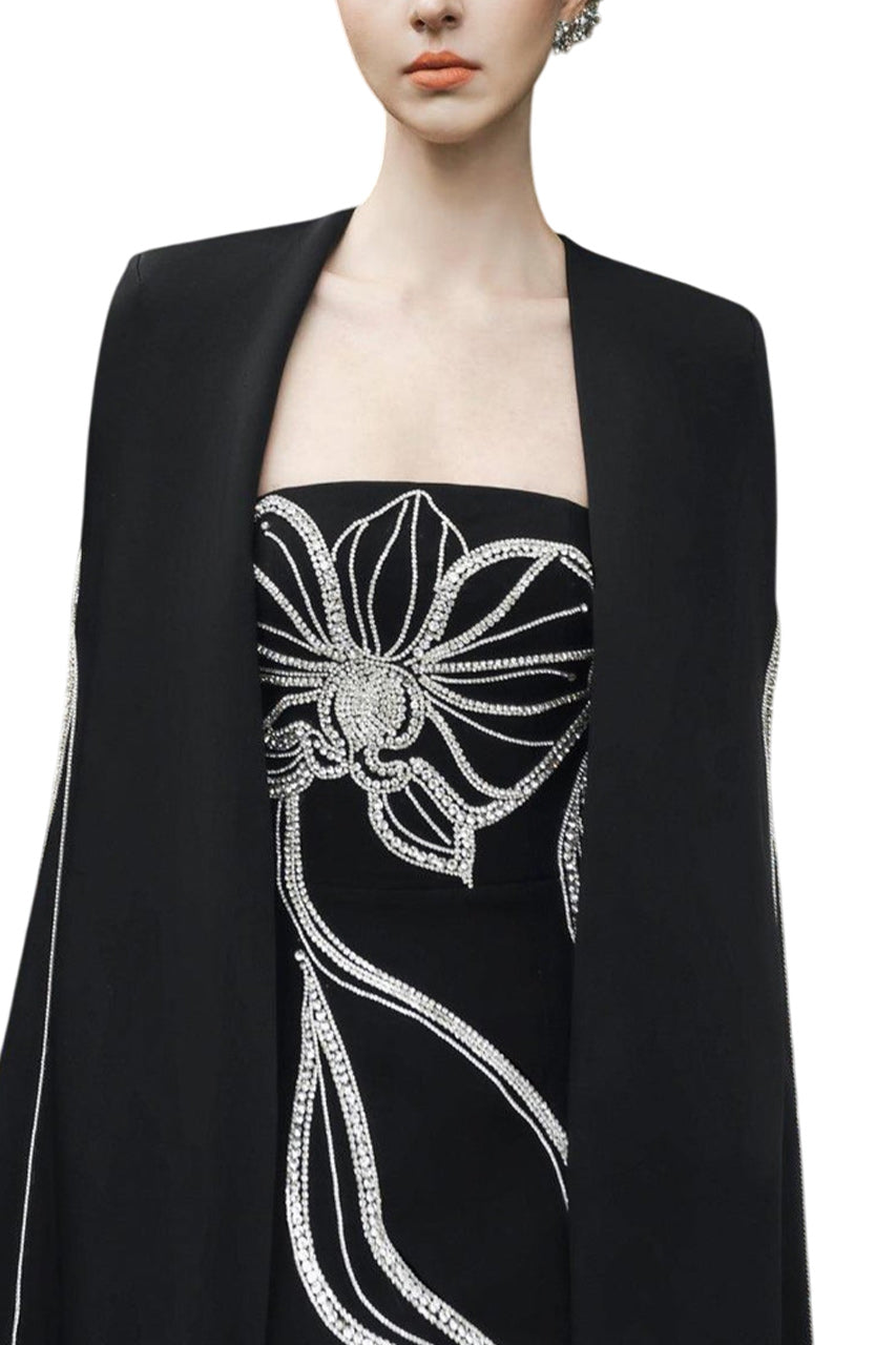 CRYSTAL STRAPLESS DRESS WITH LONG BACK CAPE