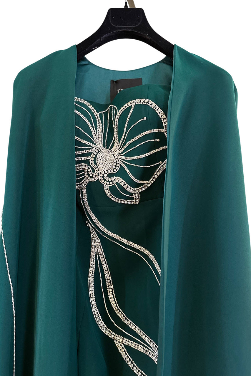 CRYSTAL STRAPLESS DRESS WITH LONG BACK CAPE