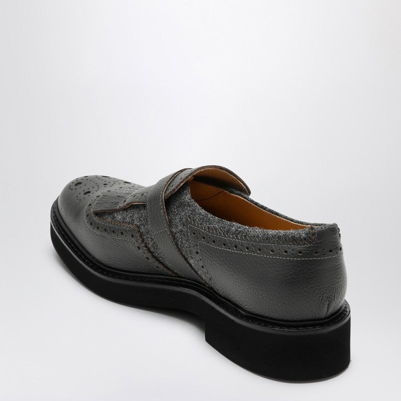Grey Leather Shoes With Buckle And Fringes